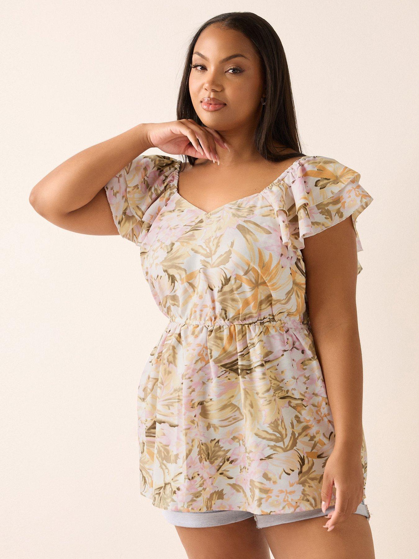 undefined Curve Ruffle Sleeve Bow Back Top - Natural