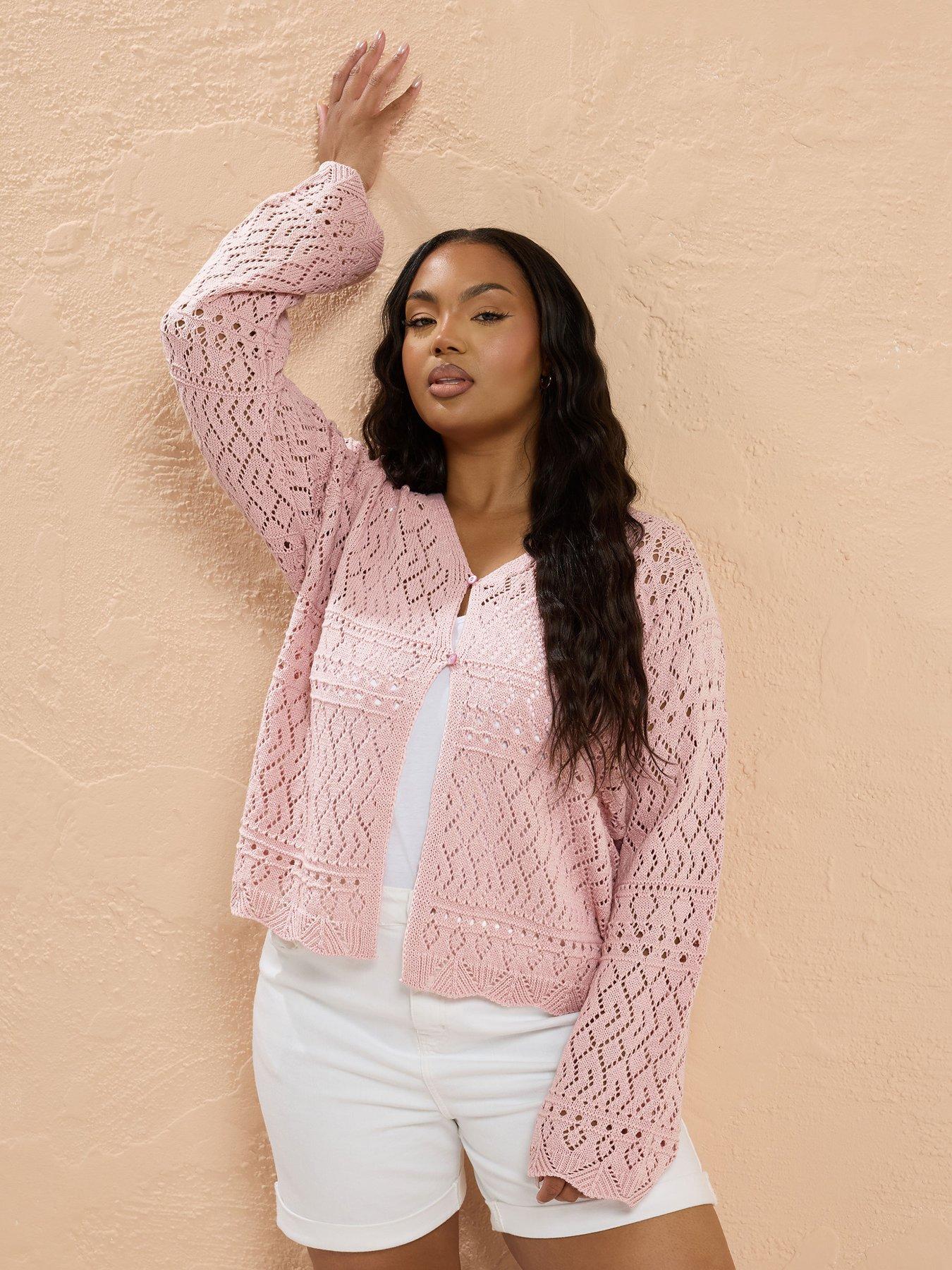 undefined Curve Button Thru Crochet Cardigan - Pink