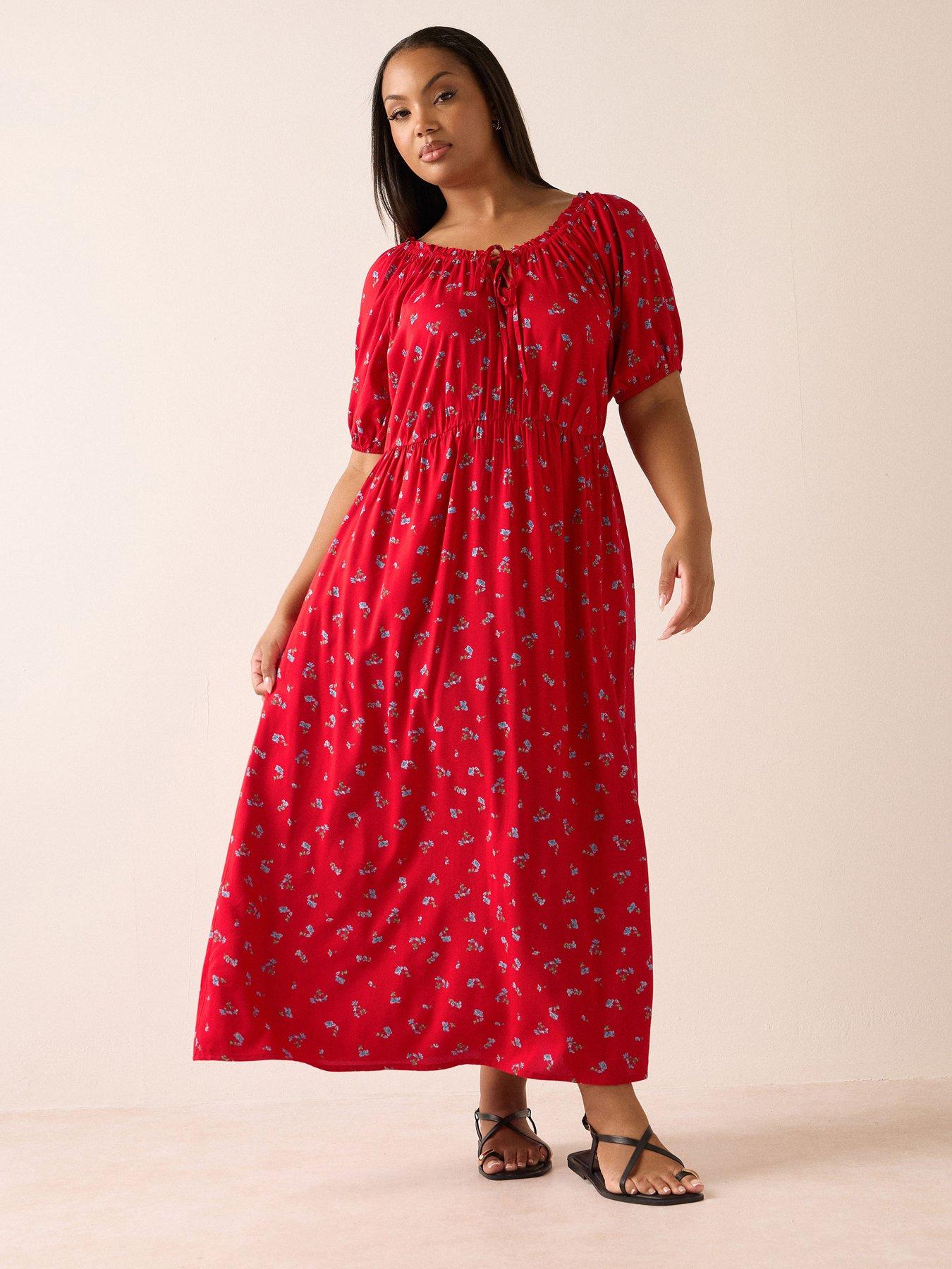 undefined Curve Short Sleeve Gypsy Dress - Red