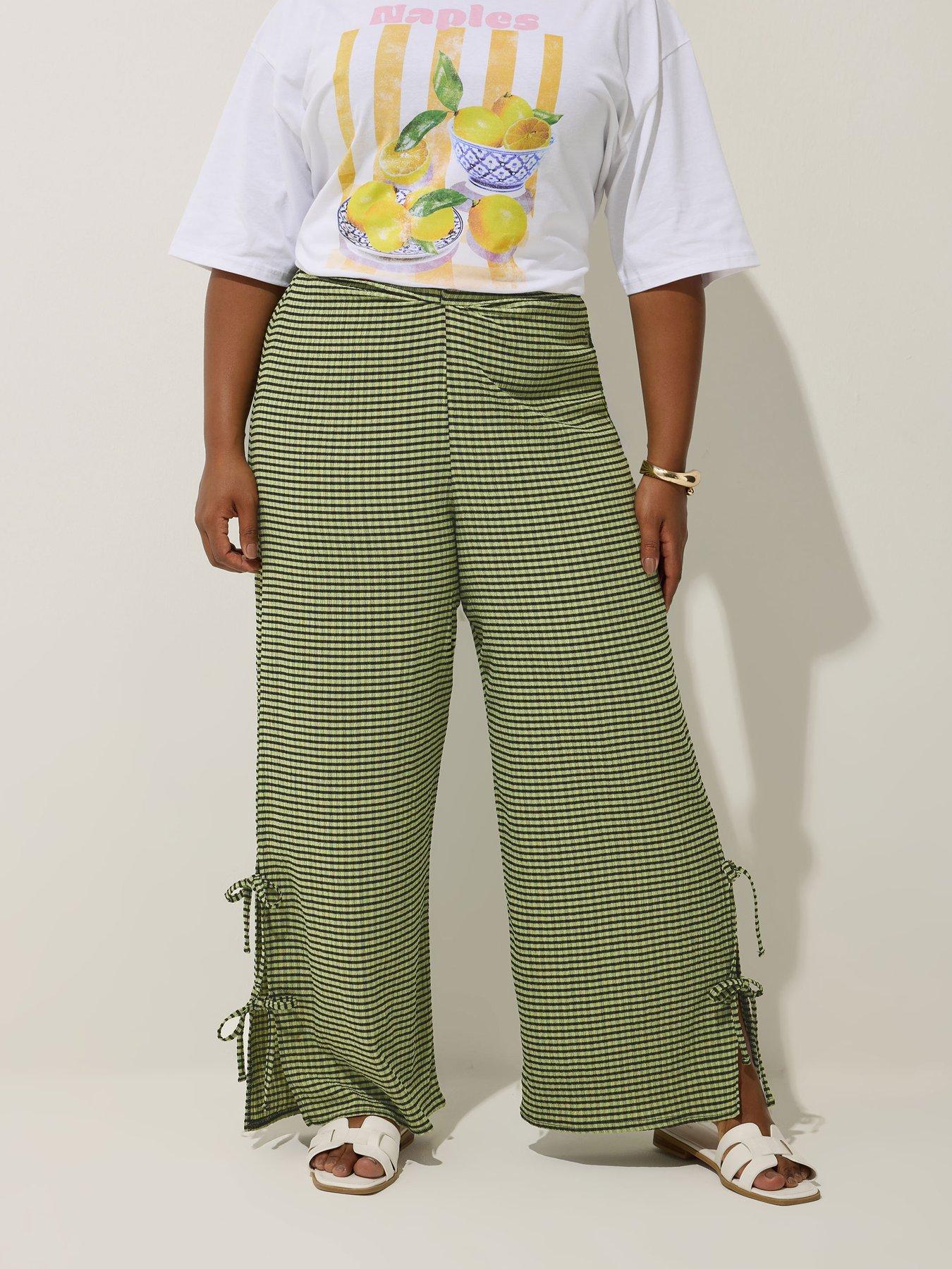 Yours Curve Gingham Tie Trouser - Green