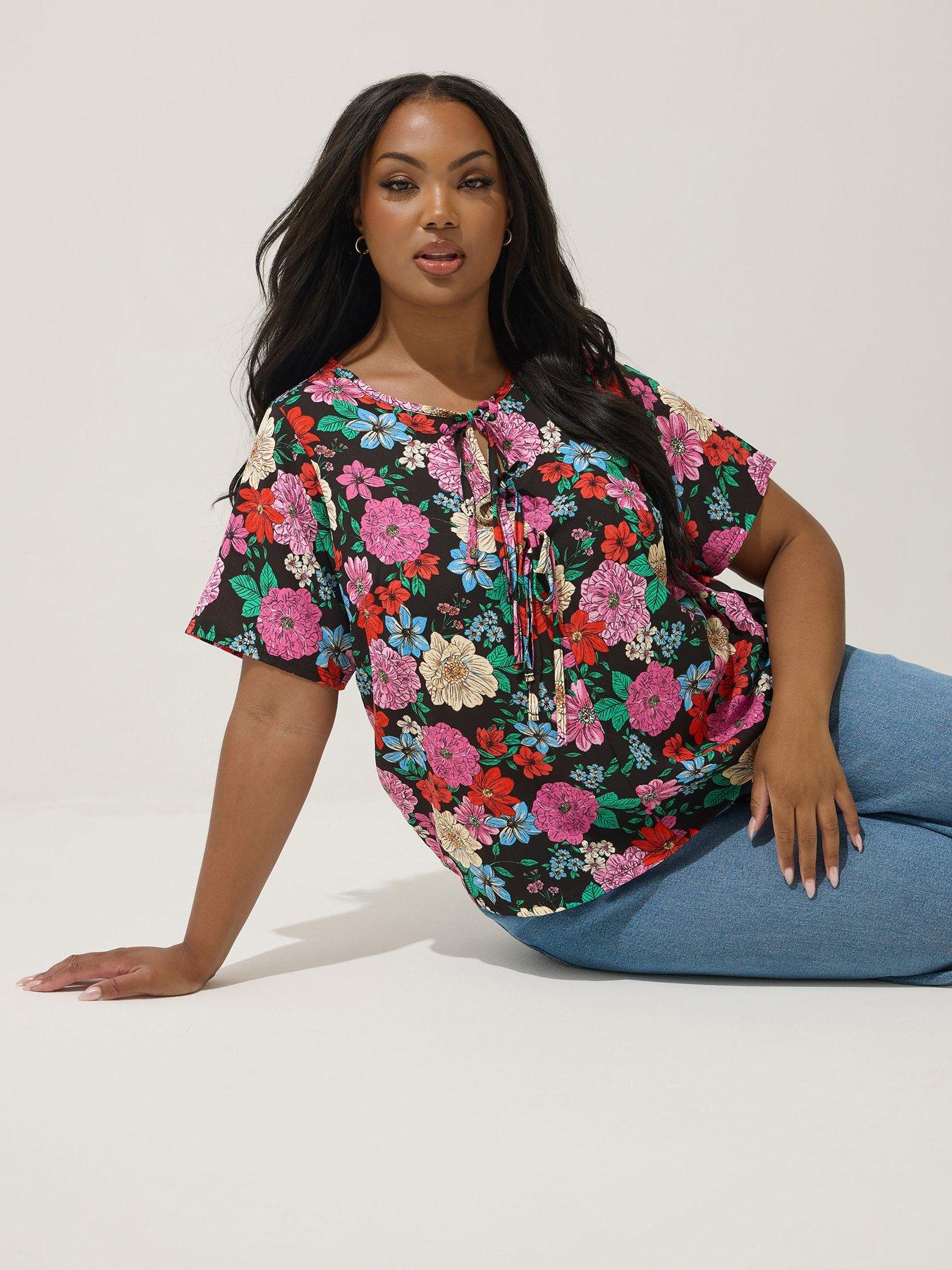 undefined Curve Floral Tie Short Sleeve Blouse - Black