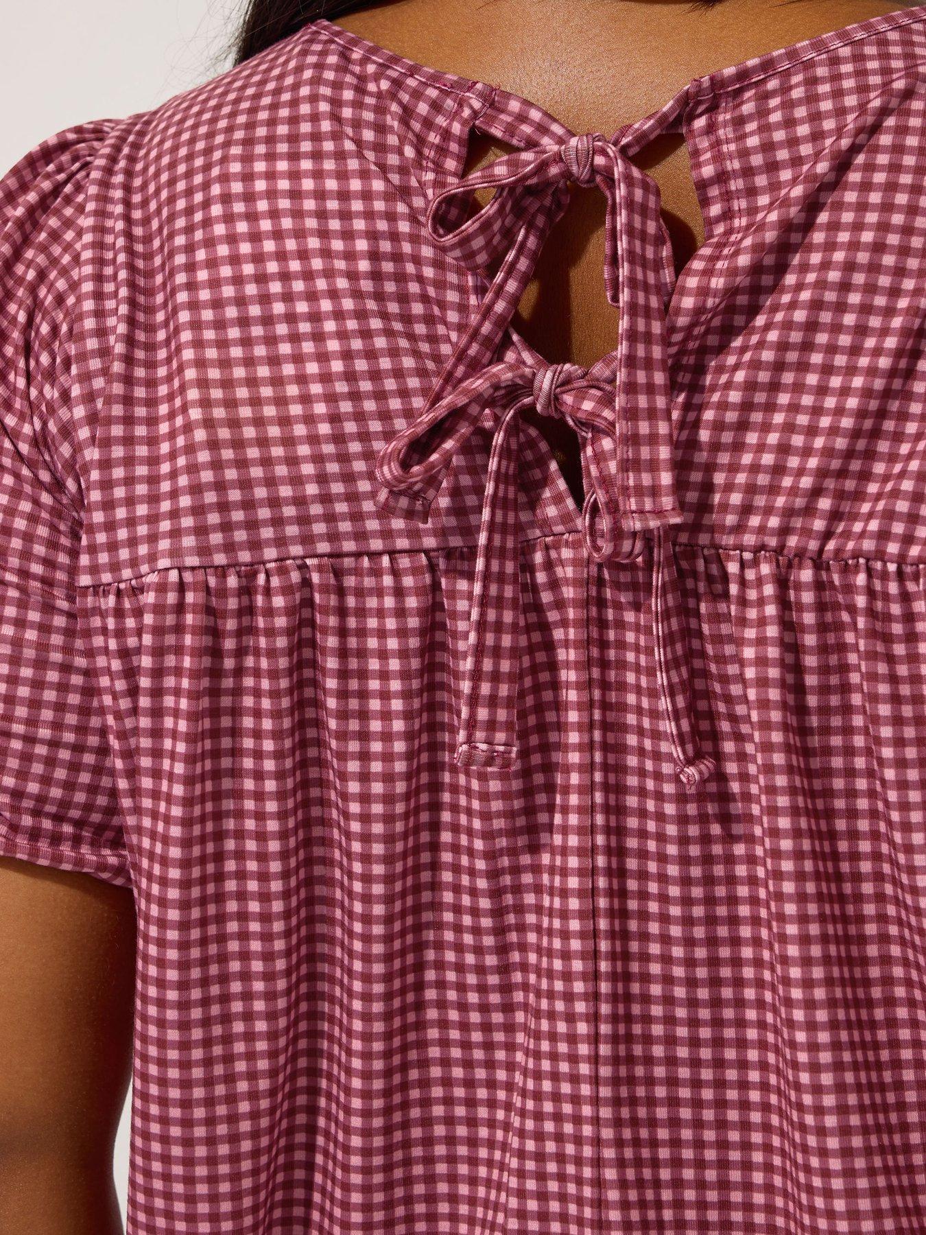 Image 4 of 4 of Yours Curve Bow Back Gingham Top - Red