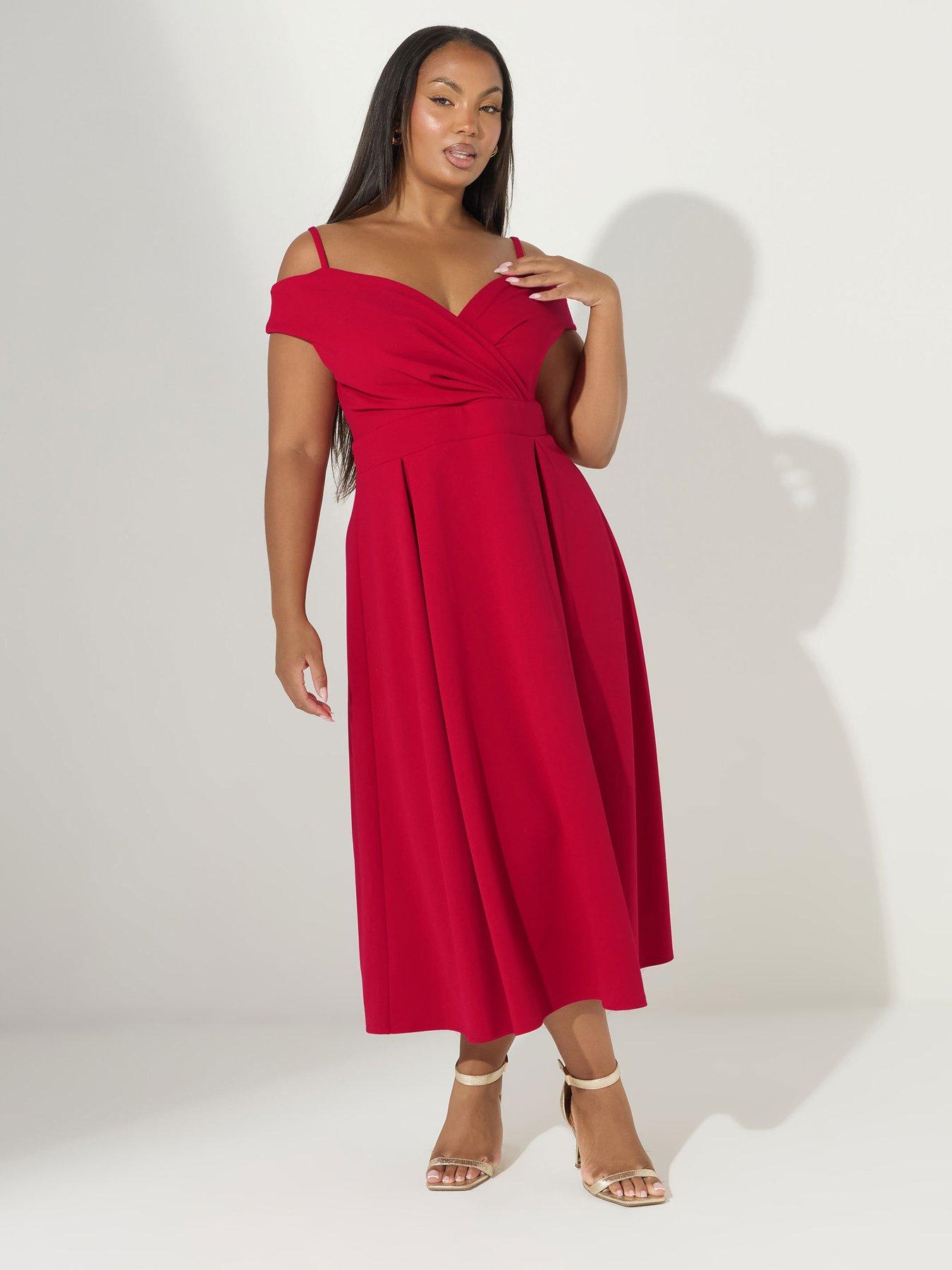 undefined Curve Cold Shoulder Bardot Dress - Red