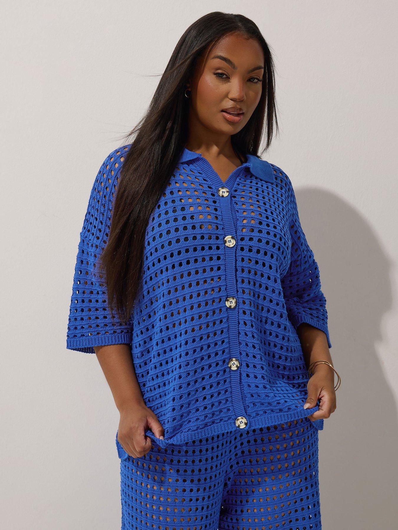 undefined Curve Button Down Crochet Shirt - Blue