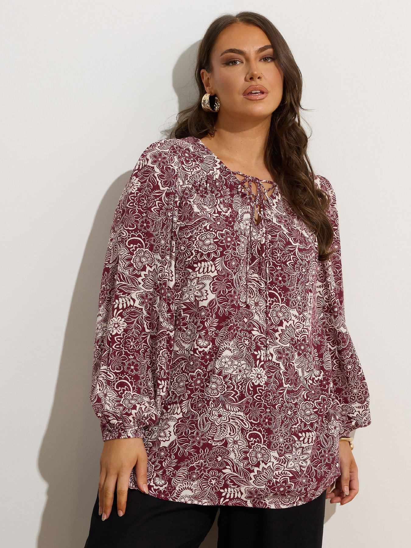 Yours Curve Lattice Smock Blouse - Brown