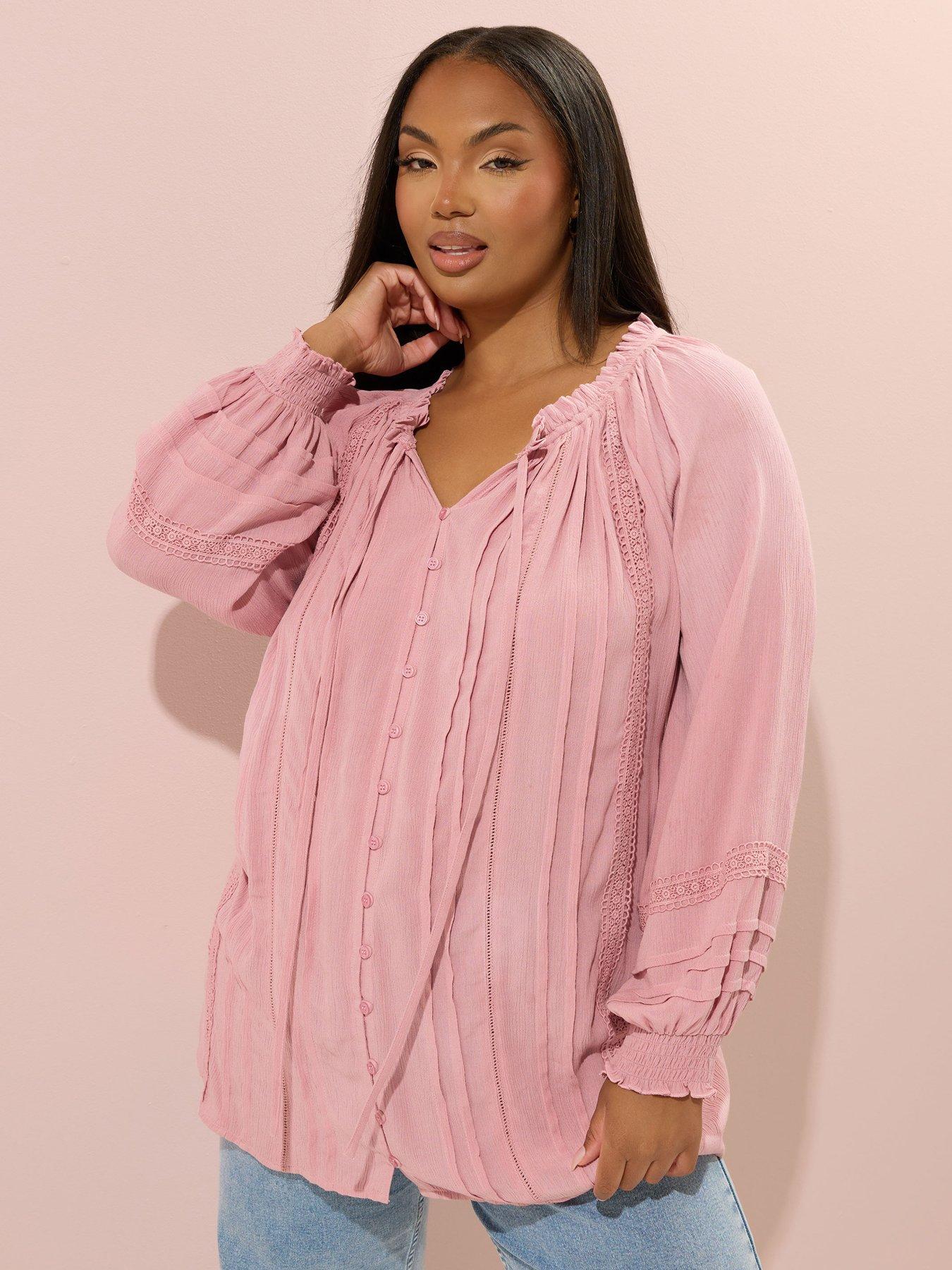 Yours Curve Long Sleeve Pintuck Gypsy Top - Pink | Very