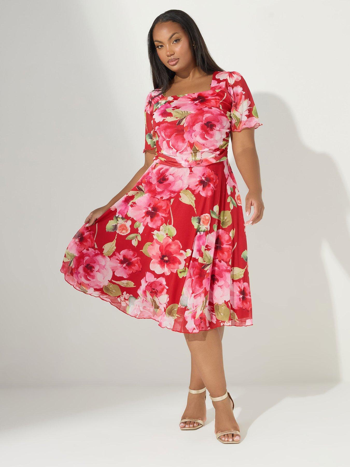 undefined Curve Floral Mesh Square Neck Dress - Red