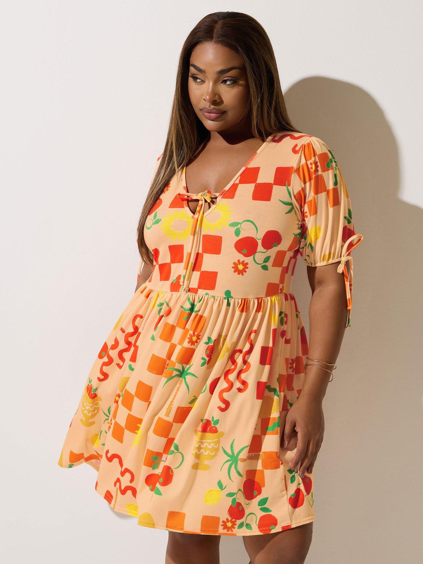 undefined Curve Tie Checkboard Print Dress - Natural