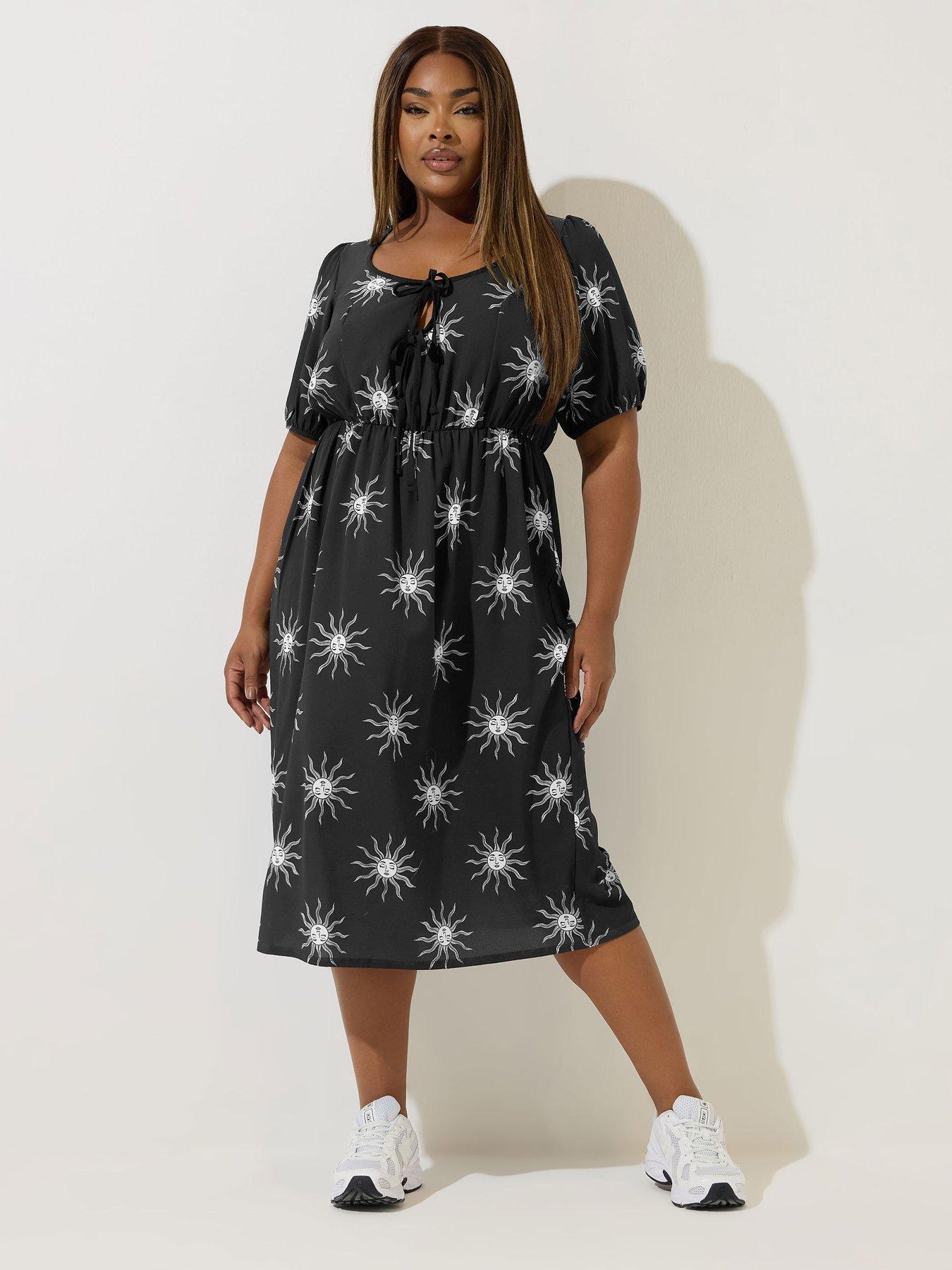 undefined Curve Sun Motif Tie Midi Dress - Black