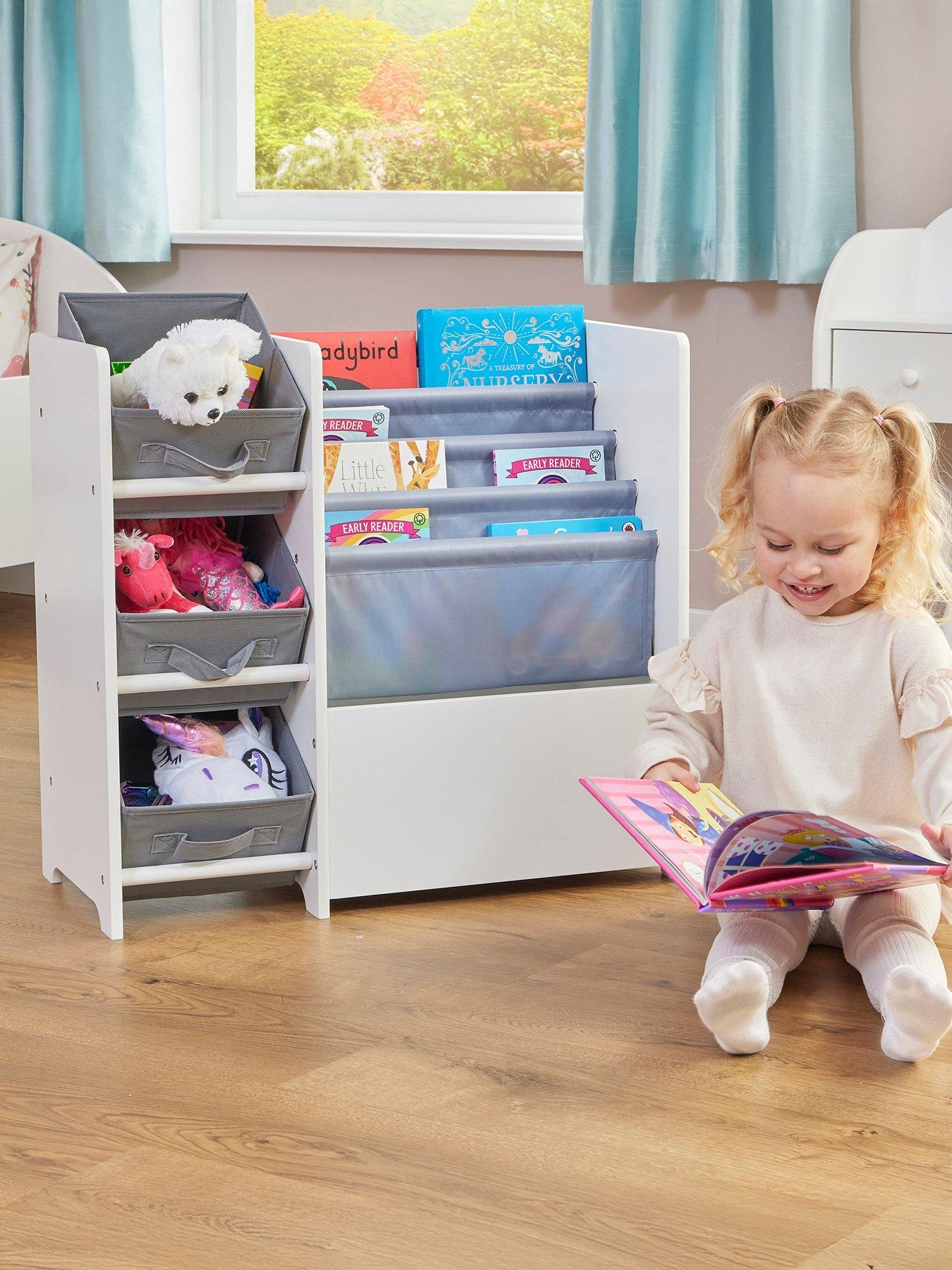 undefined White Book Display With Fabric Storage Boxes