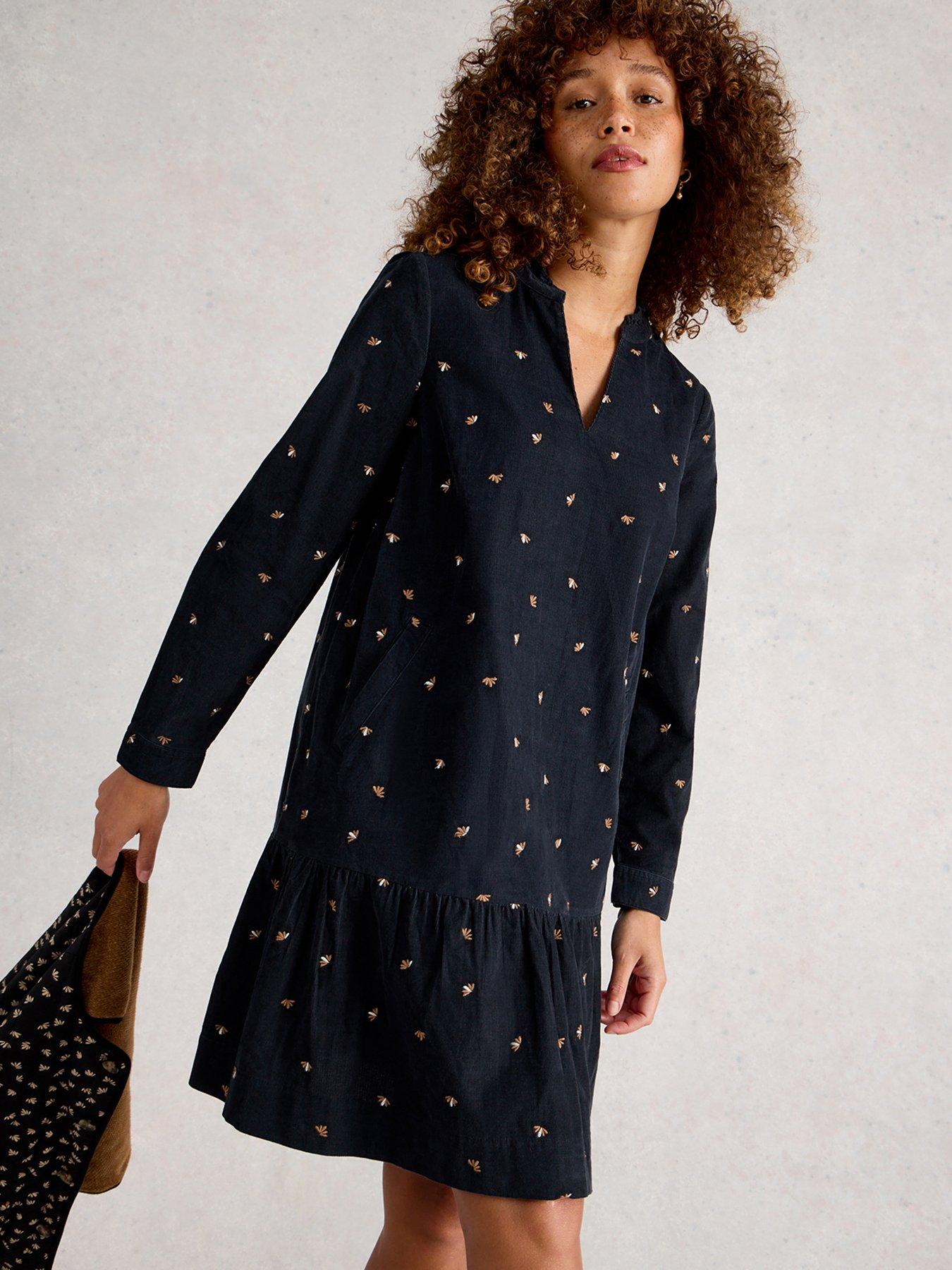 White Stuff Daria Cord Embroidered Dress - Black