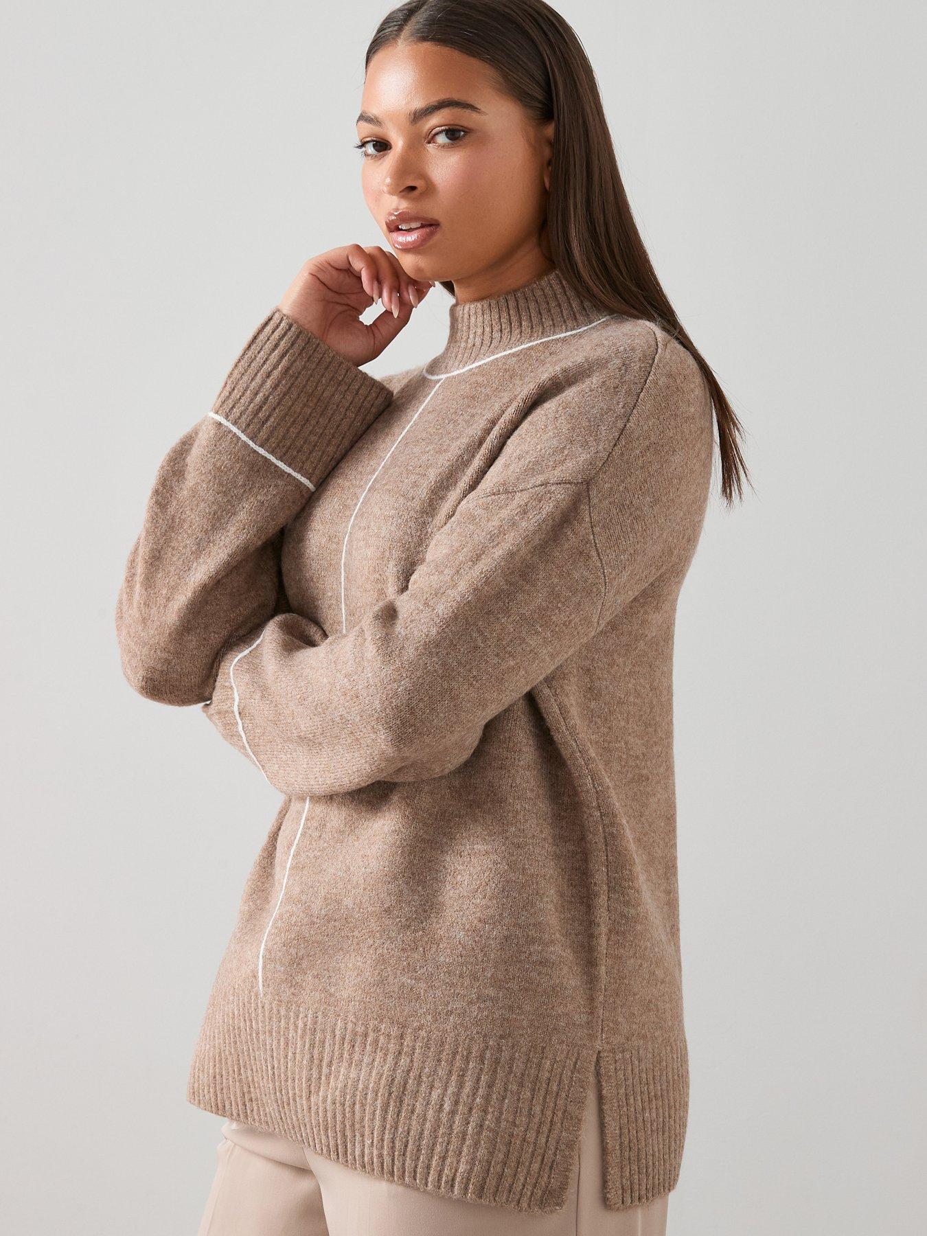 The Very Collection Curve Contrast Stitch Longline Jumper - Beige