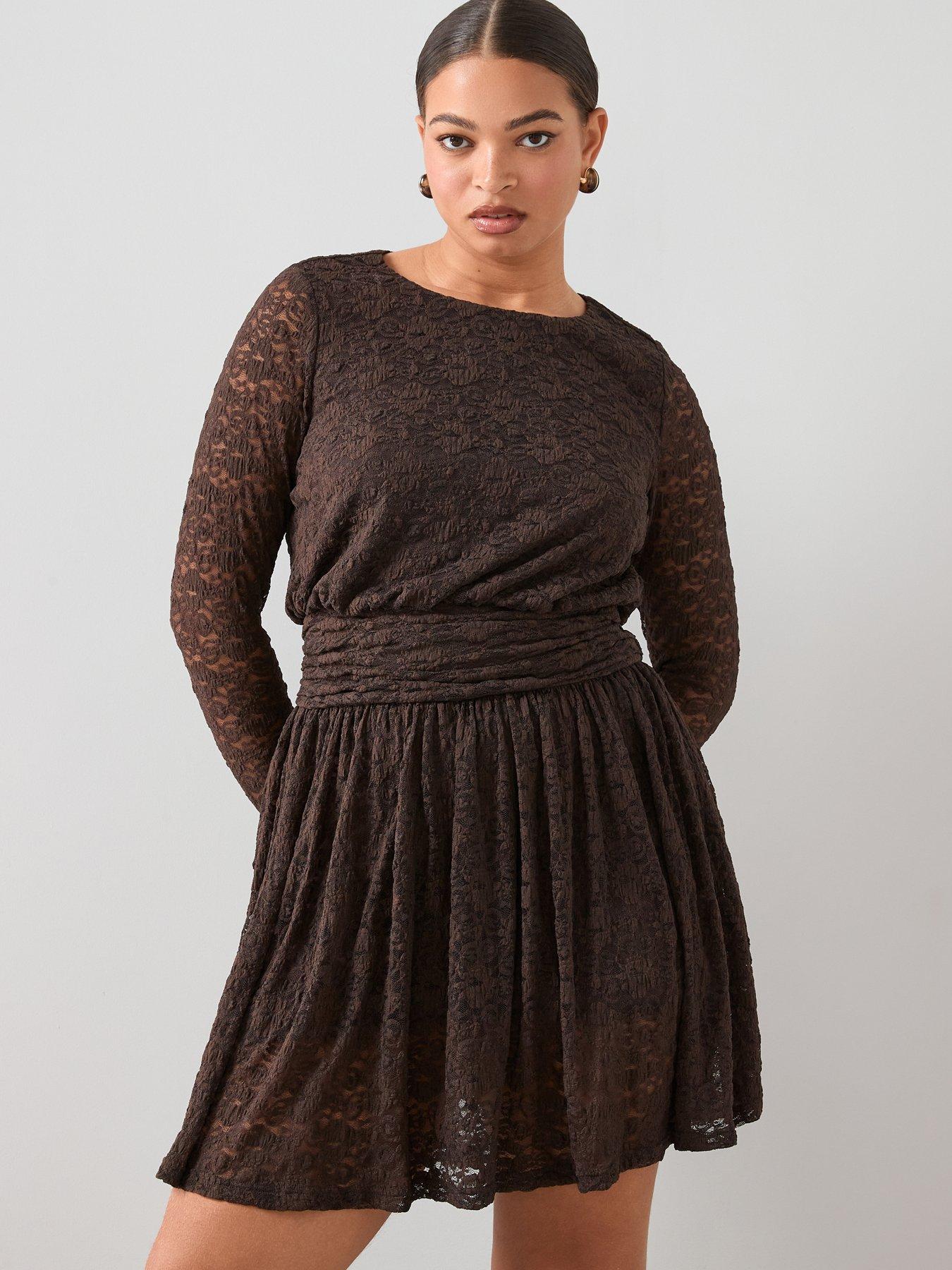 The Very Collection Curve Lace Ruched Mini Dress - Brown