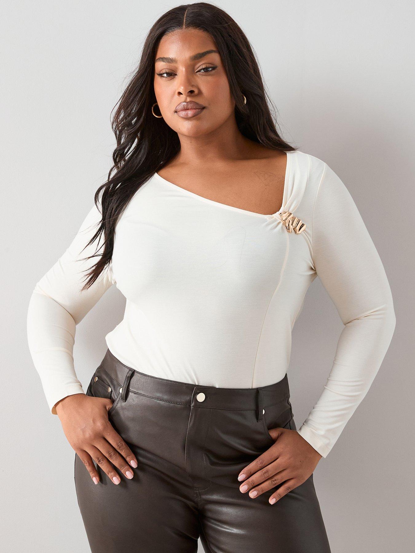The Very Collection Curve Gold Trim Asymmetric Neck Top - Cream