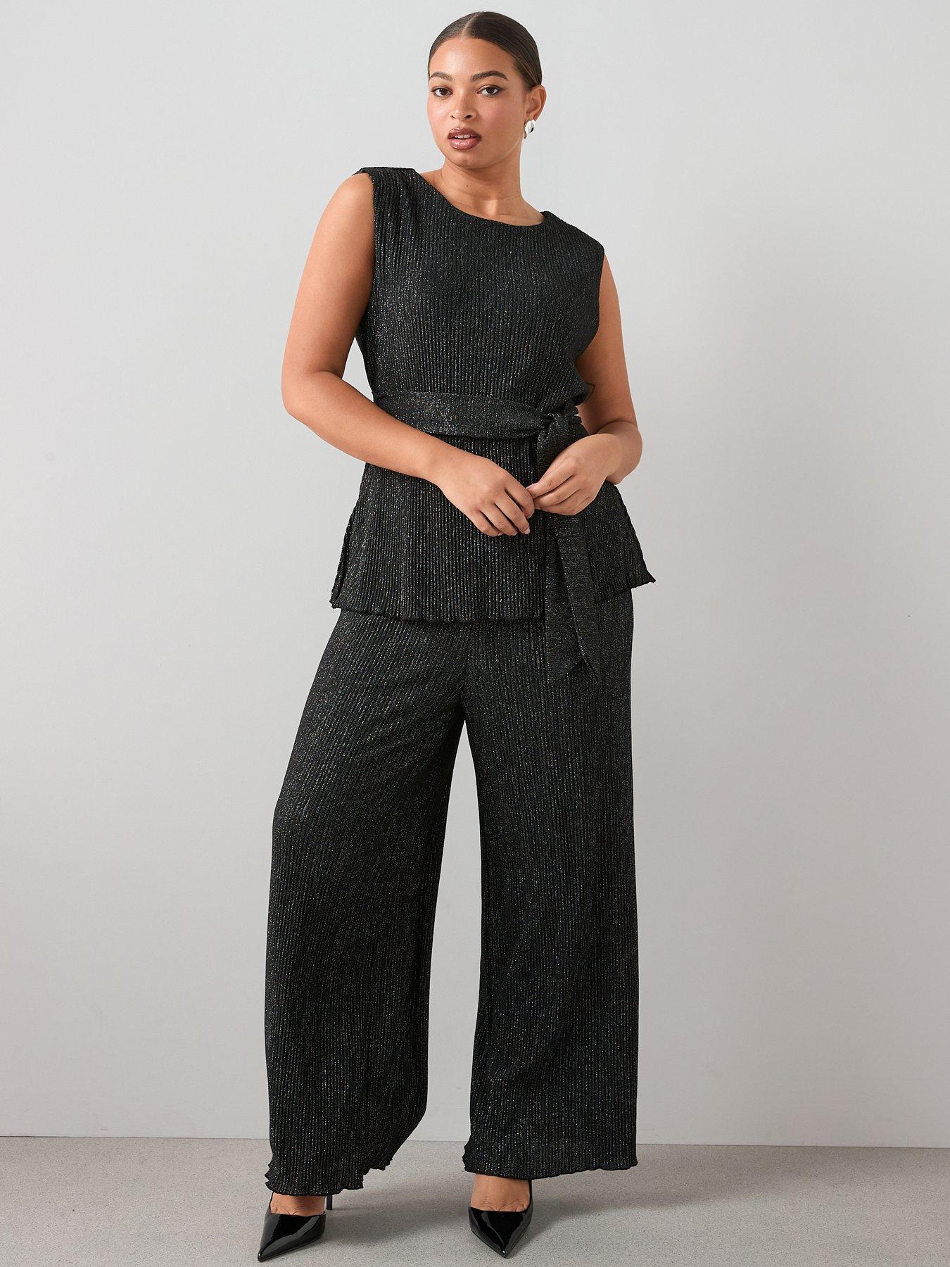 The Very Collection Curve Lurex Plisse Belted Tunic Top - Black