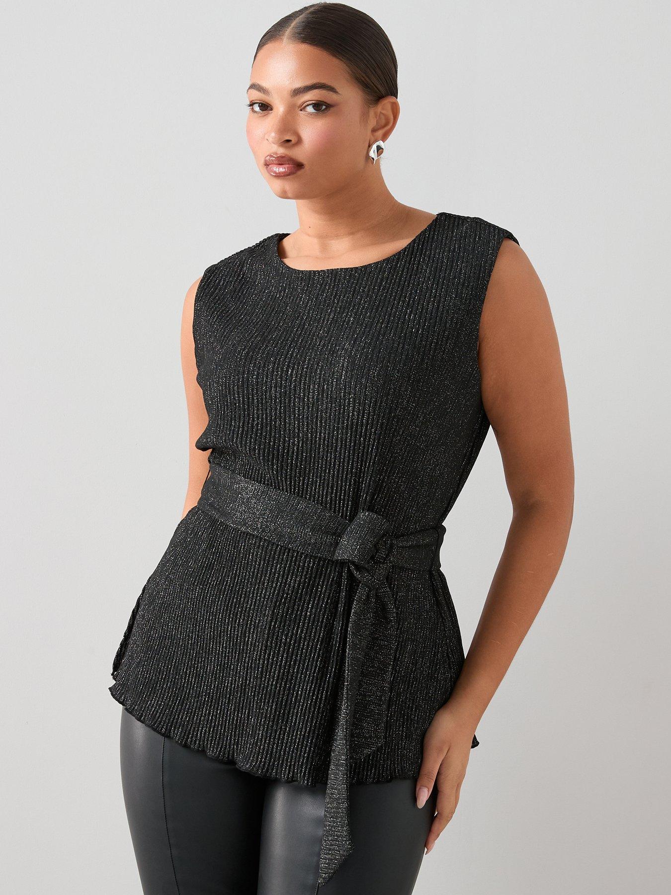 The Very Collection Curve Lurex Plisse Belted Tunic Top - Black