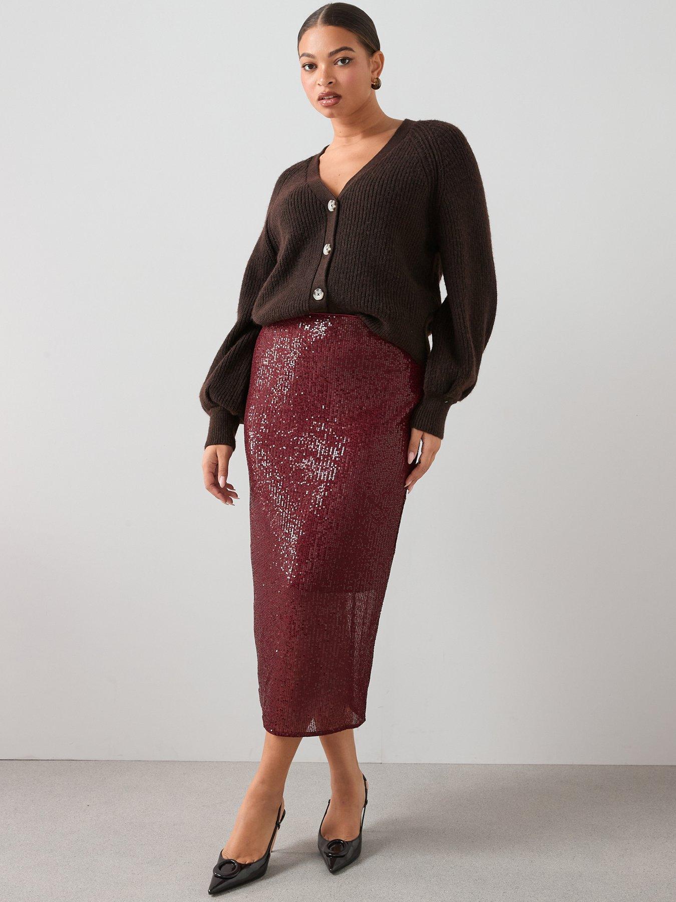 The Very Collection Curve Sequin Midi Skirt - Burgundy