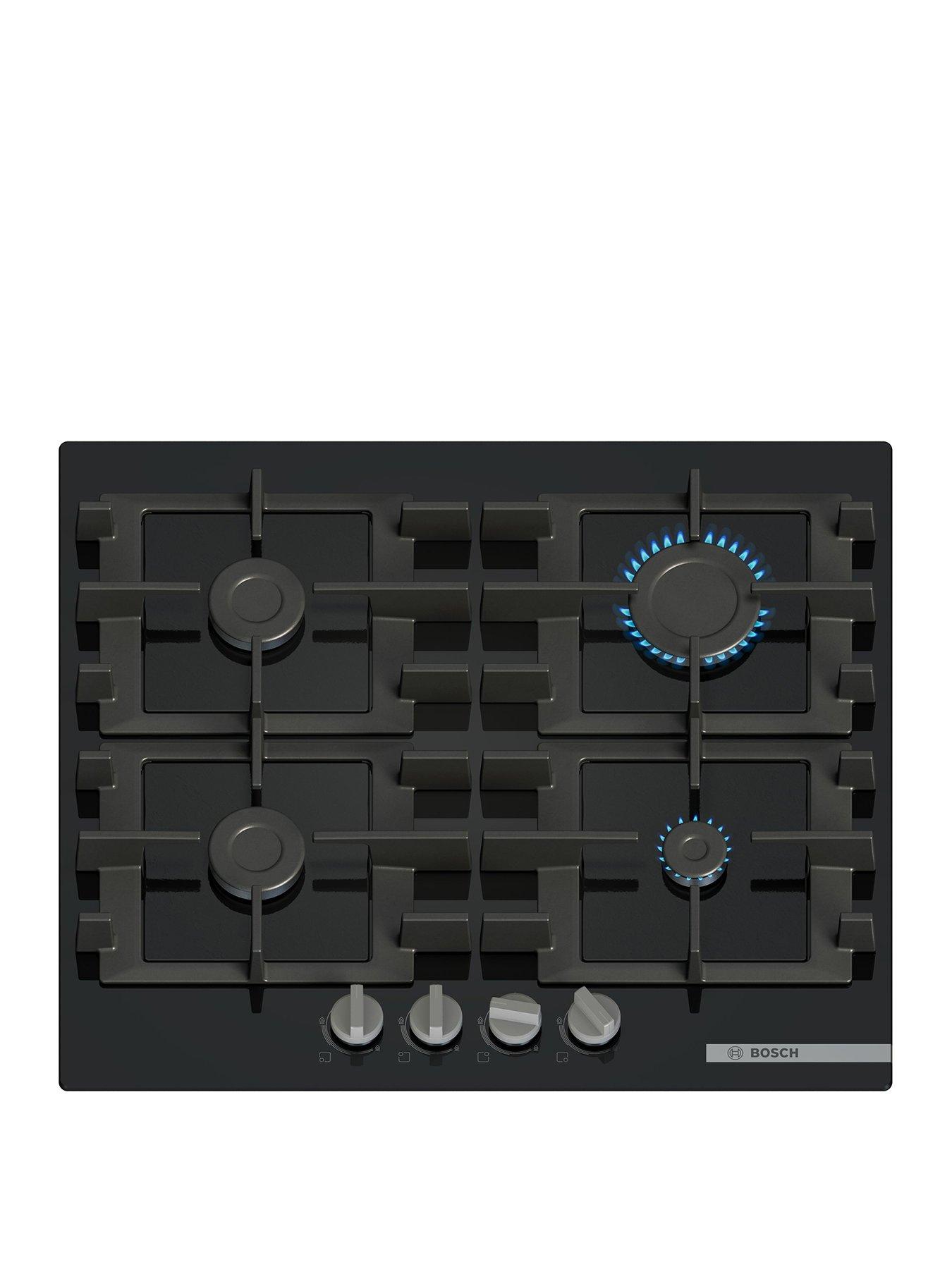 Bosch PNP6B6K40, 60cm Gas Hob, 4 burners, Front control, 4 Dishwasher suitable cast iron pan supports, new standard sword dials, Tempered Glass