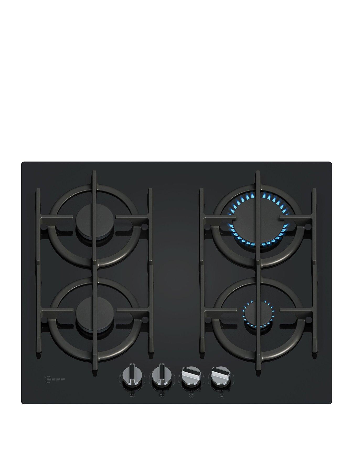 Image 1 of 7 of Neff T26PIP4S0, 60cm Gas Hob, Black Tempered Glass, 4 burner, Optimised FlameSelect, 4 Dishwasher suitable cast iron pan supports, Detachable metallic sword dials
