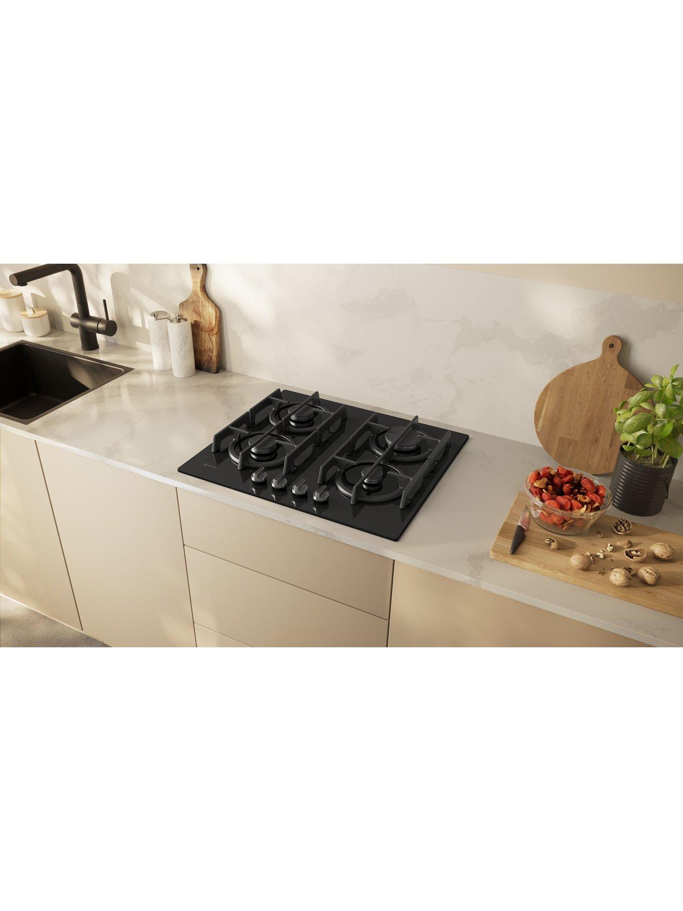 Image 2 of 7 of Neff T26PIP4S0, 60cm Gas Hob, Black Tempered Glass, 4 burner, Optimised FlameSelect, 4 Dishwasher suitable cast iron pan supports, Detachable metallic sword dials