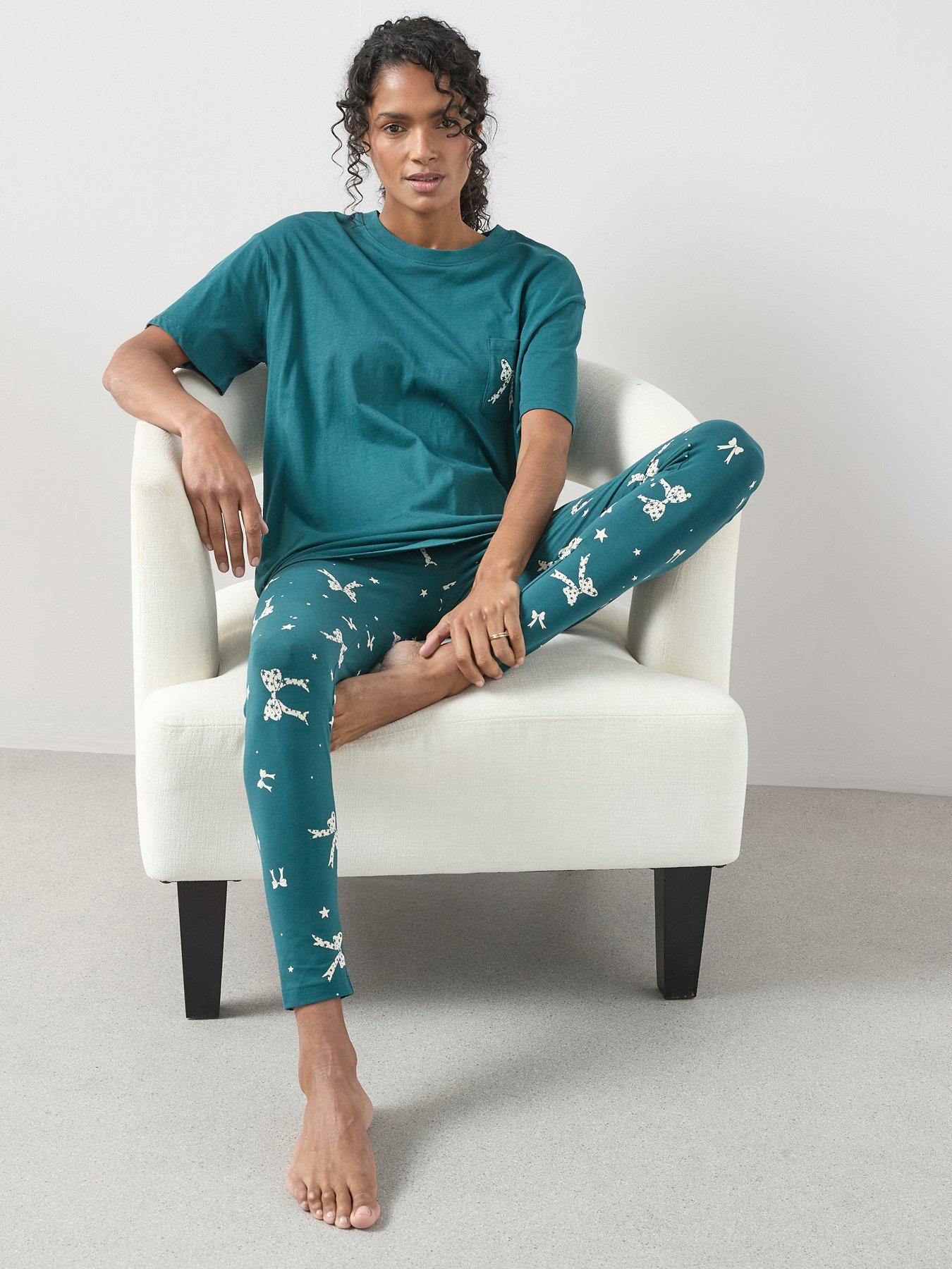 The Very Collection Longline Tshirt Ribbon Print Legging Pyjama Set - Green