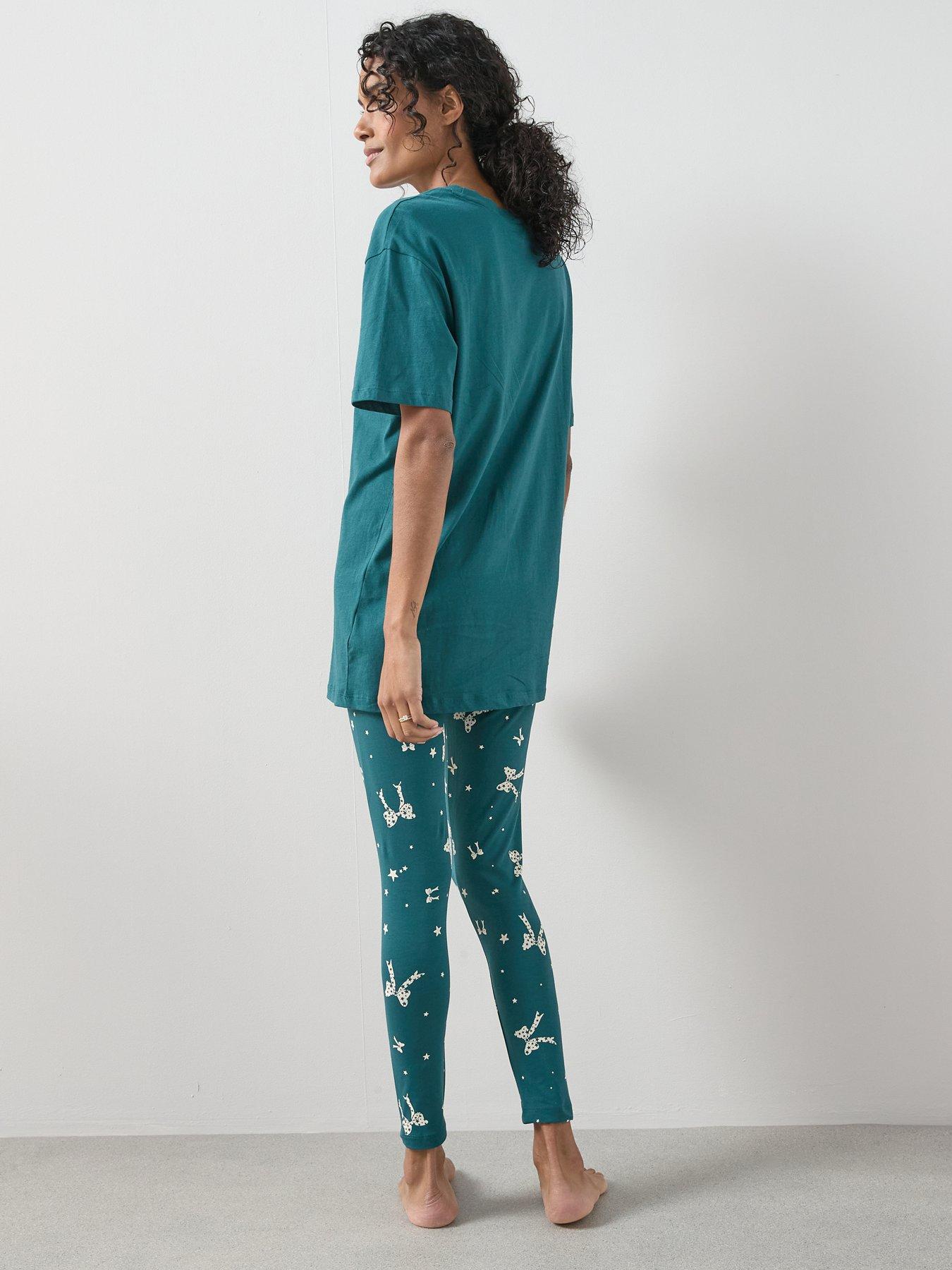Image 2 of 6 of The Very Collection Longline Tshirt Ribbon Print Legging Pyjama Set - Green