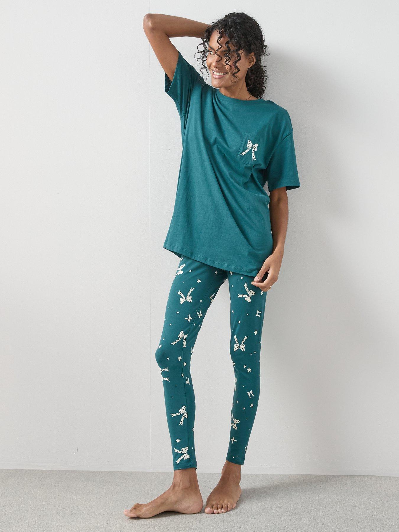 Image 3 of 6 of The Very Collection Longline Tshirt Ribbon Print Legging Pyjama Set - Green