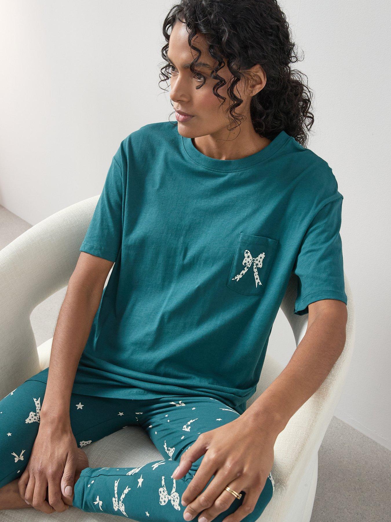 Image 4 of 6 of The Very Collection Longline Tshirt Ribbon Print Legging Pyjama Set - Green