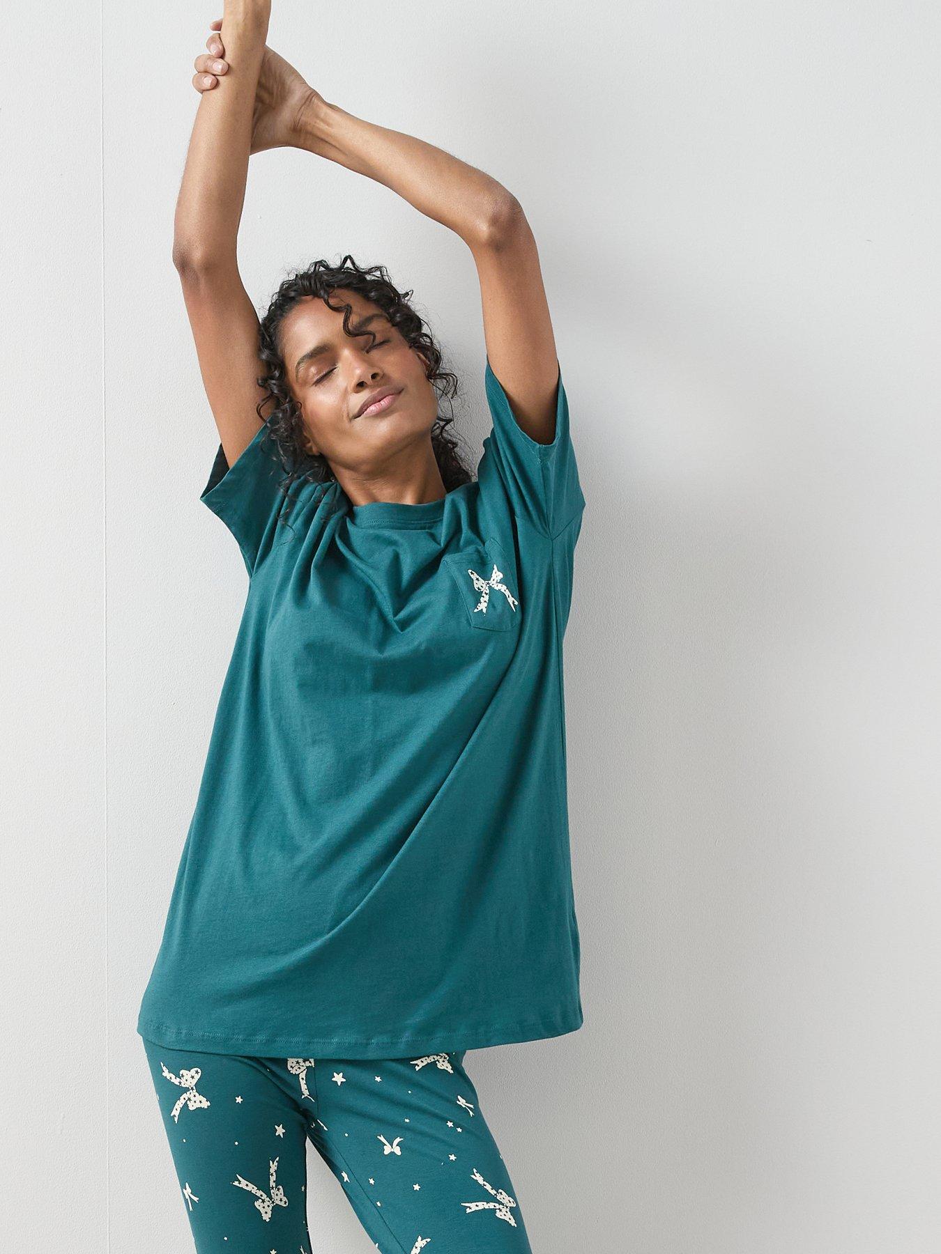 Image 5 of 6 of The Very Collection Longline Tshirt Ribbon Print Legging Pyjama Set - Green