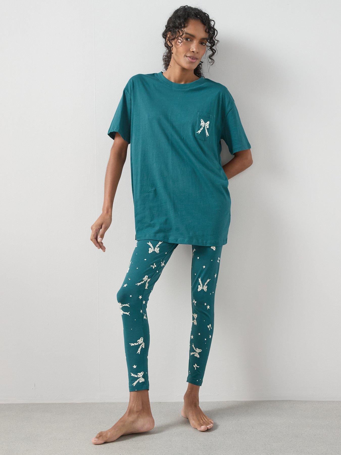 Image 6 of 6 of The Very Collection Longline Tshirt Ribbon Print Legging Pyjama Set - Green