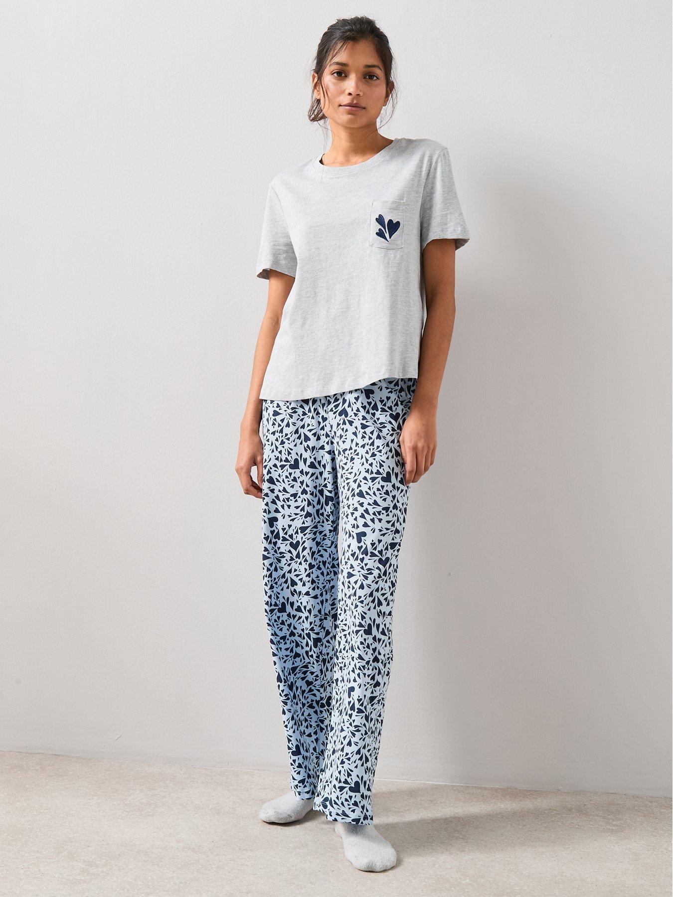 The Very Collection Short Sleeve Tshirt And Heart Print Aop Wide Leg Bottom Pyjama Set - Grey