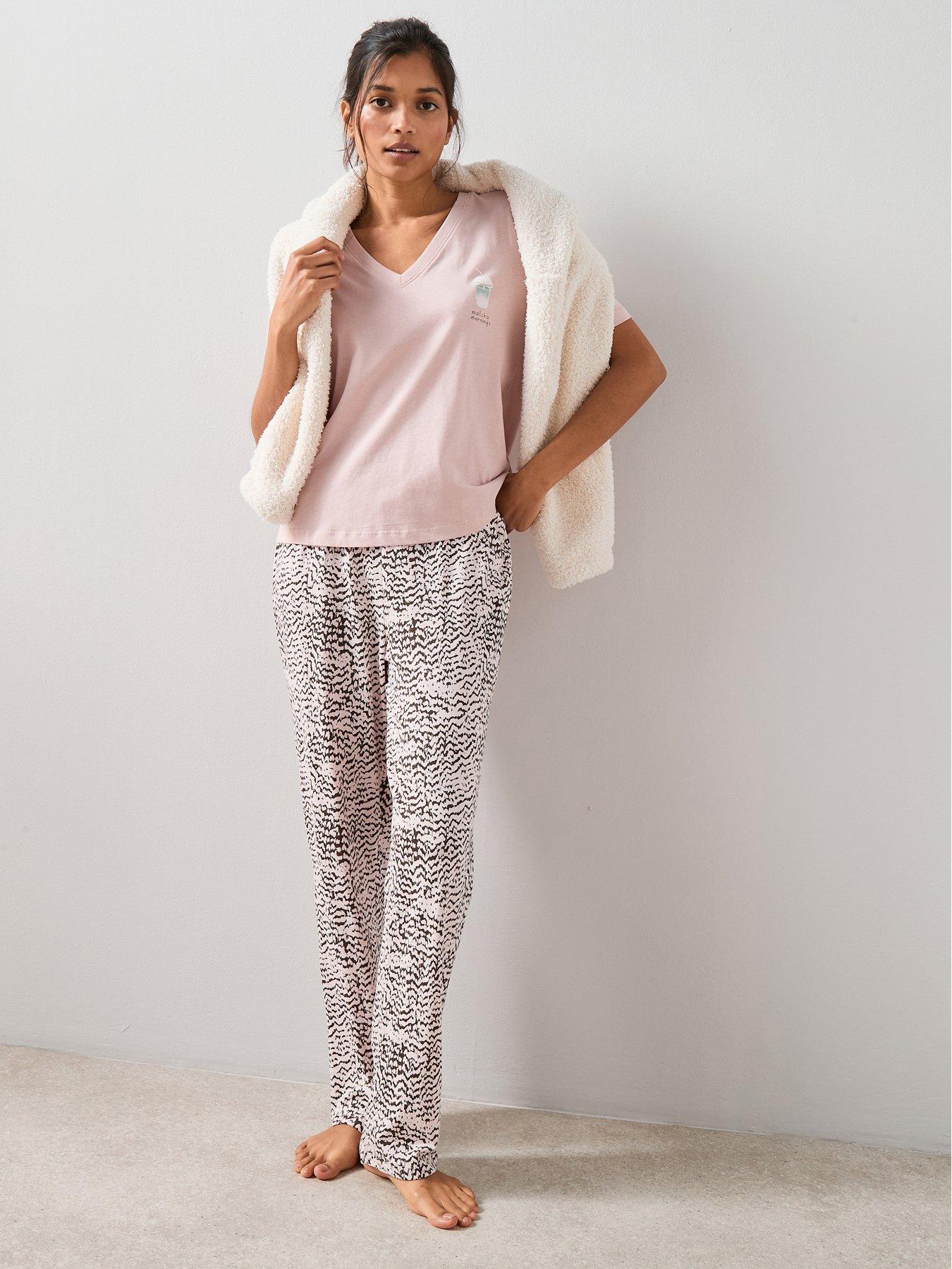 The Very Collection V Neck Matcha Mornings Short Sleeve Tshirt And Printed Wide Leg Pj Set - Pink
