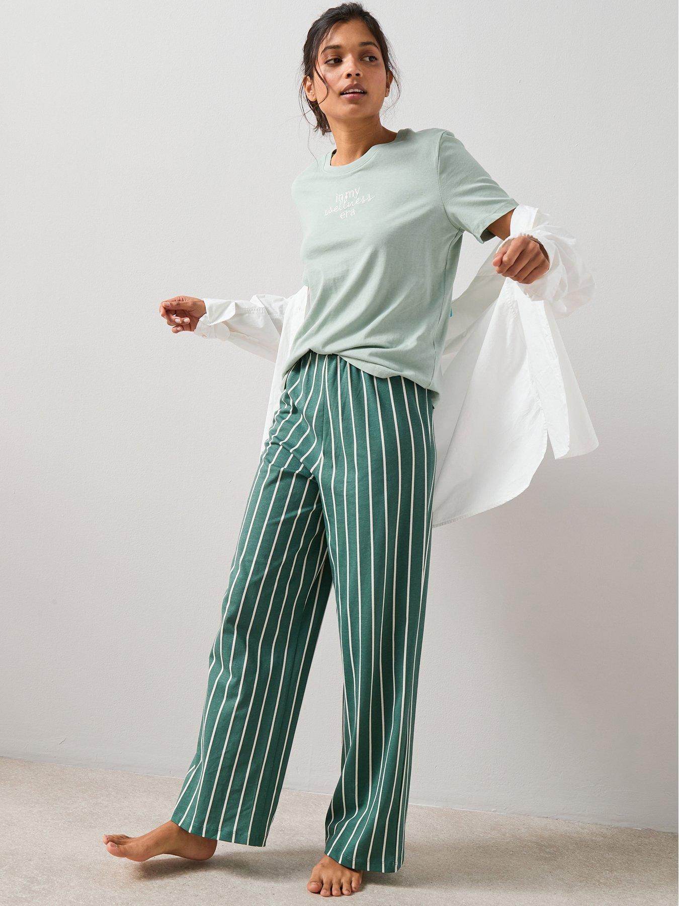 The Very Collection Short Sleeve Wellness Era Tshirt And Stripe Bottom Wide Leg Pj Set - Green