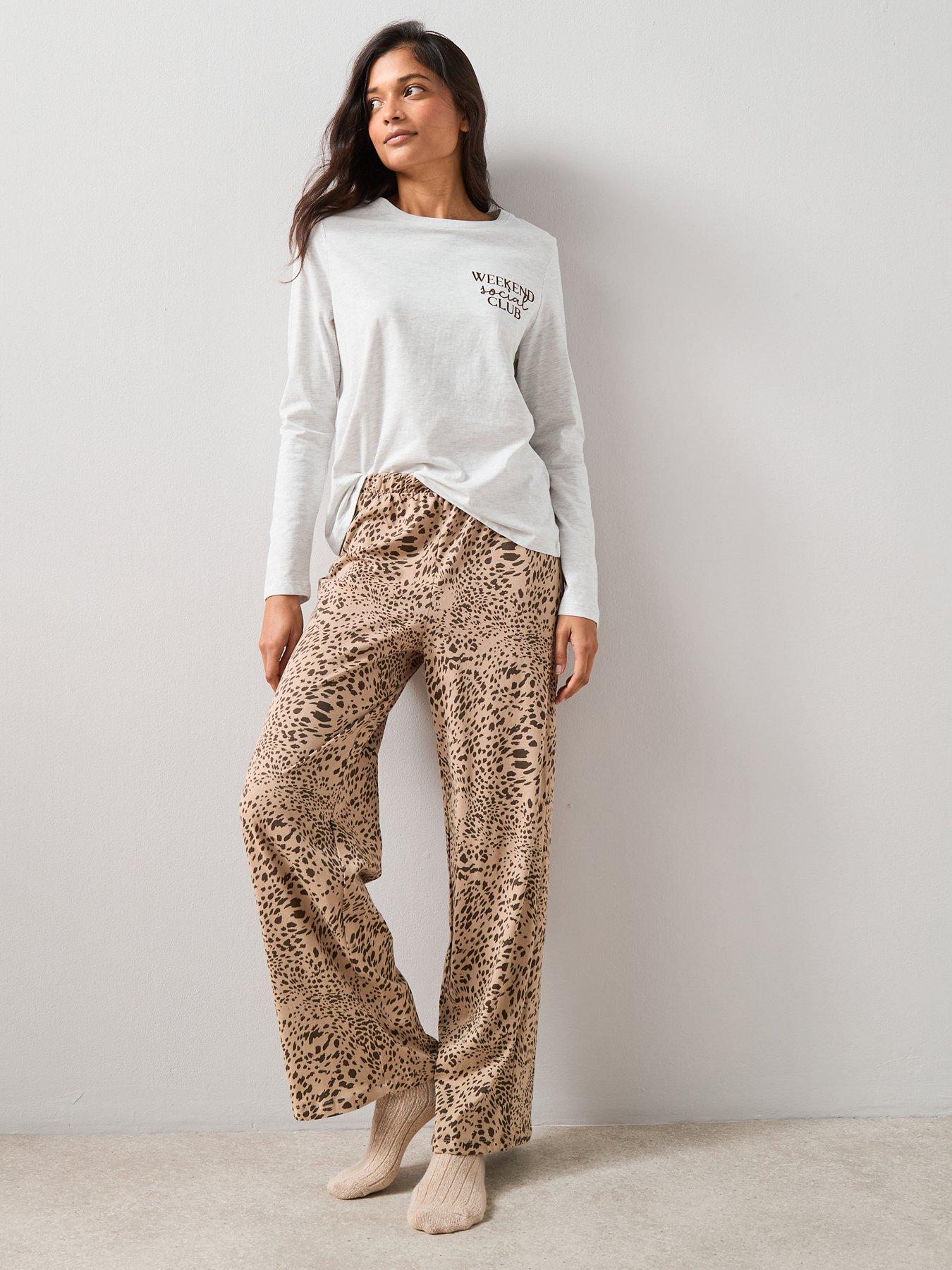 The Very Collection Long Sleeve Slogan Tshirt And Wide Leg Animal Print Pj Set - Cream