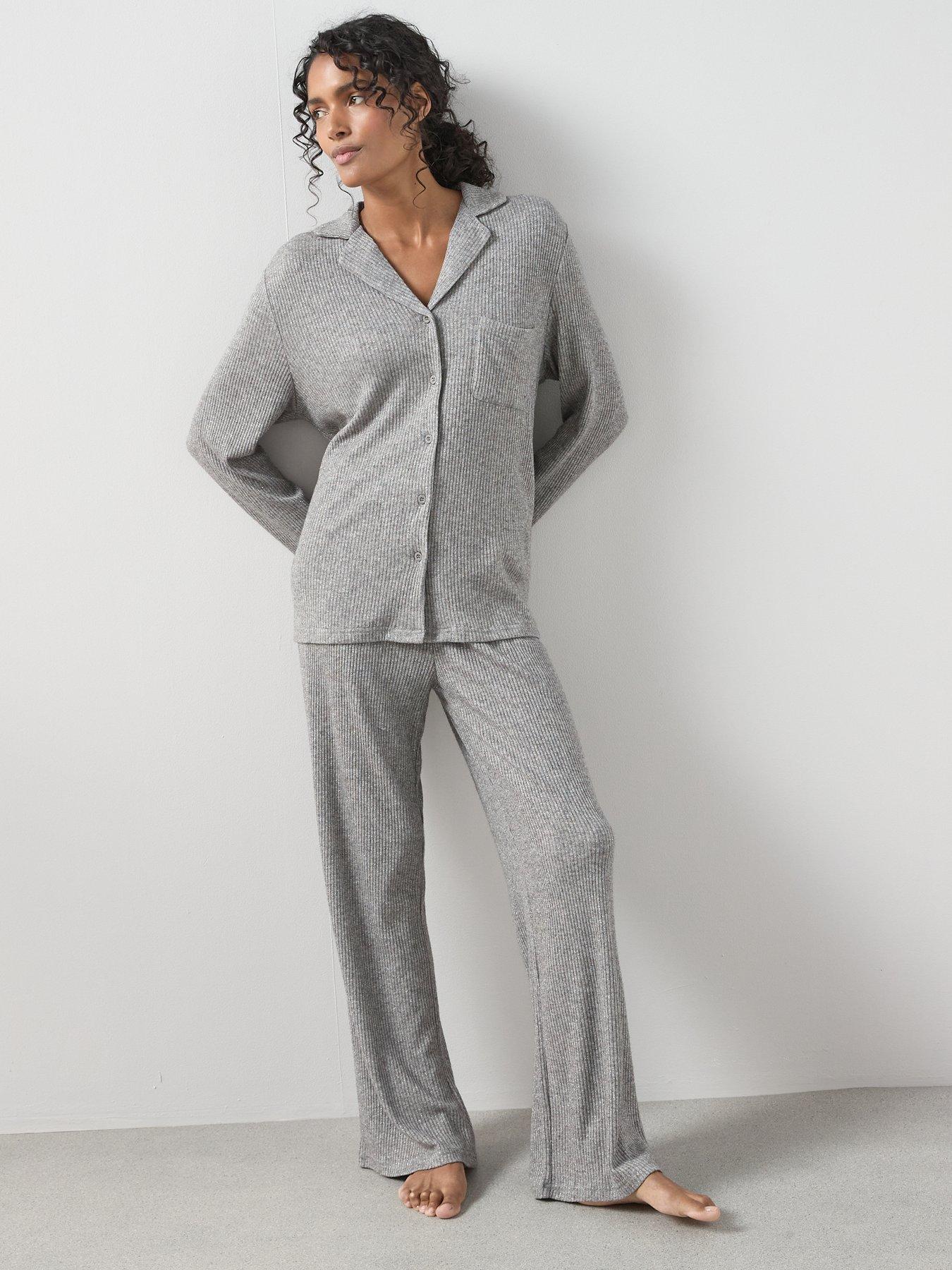 The Very Collection Ribbed Long Sleeve Jersey Revere Pyjama Set - Grey ...