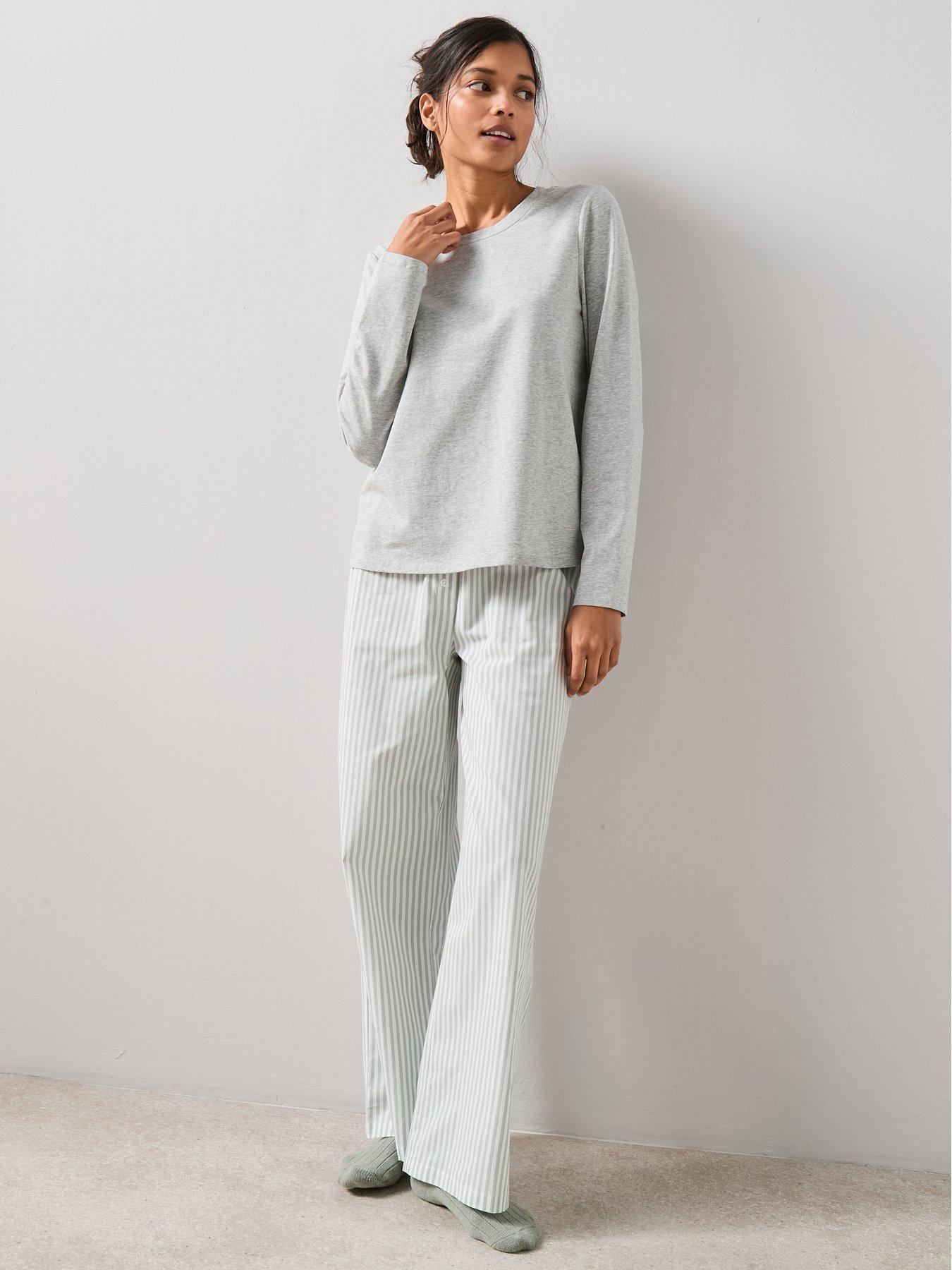 Image 1 of 7 of The Very Collection Jersey Long Sleeve Top With Stripe Woven Bottom Pyjama Set - Grey