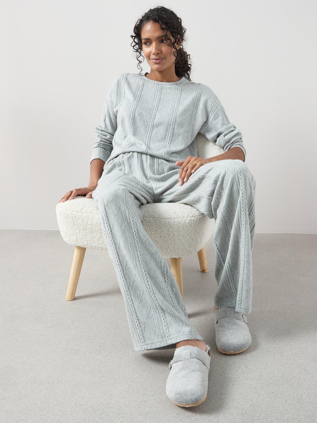 Image 1 of 6 of The Very Collection Cable Knit Long Sleeve And Wide Leg Lounge Set - Grey