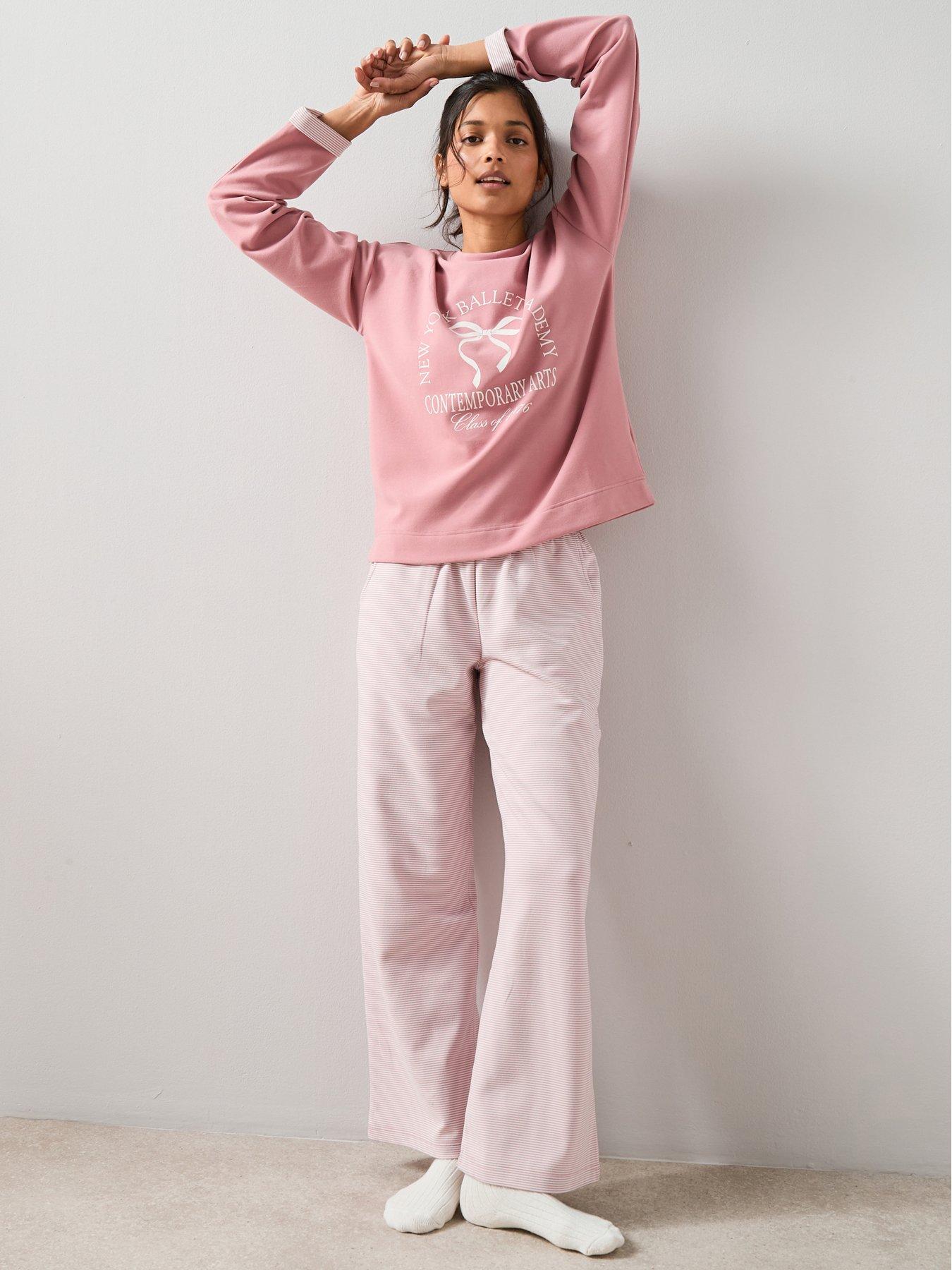The Very Collection Slogan Sweat And Fleece Stripe Bottom Pyjama Set - Brown