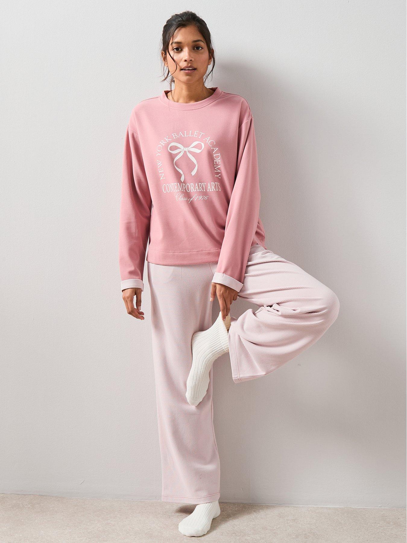 The Very Collection Slogan Sweat And Fleece Stripe Bottom Pyjama Set ...