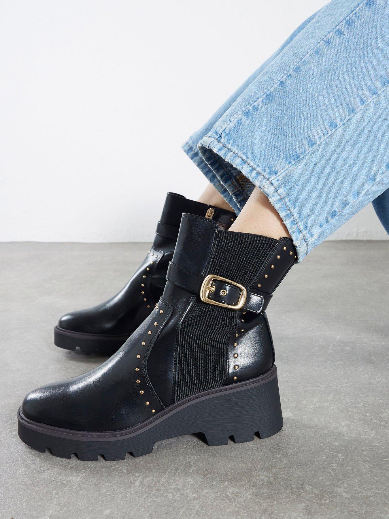 River Island Wide Studded Buckle Wedge Boot - Black
