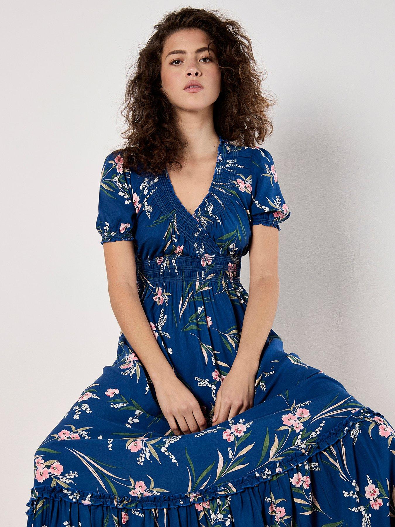 undefined Watercolour Floral Smocked Maxi Dress - Blue