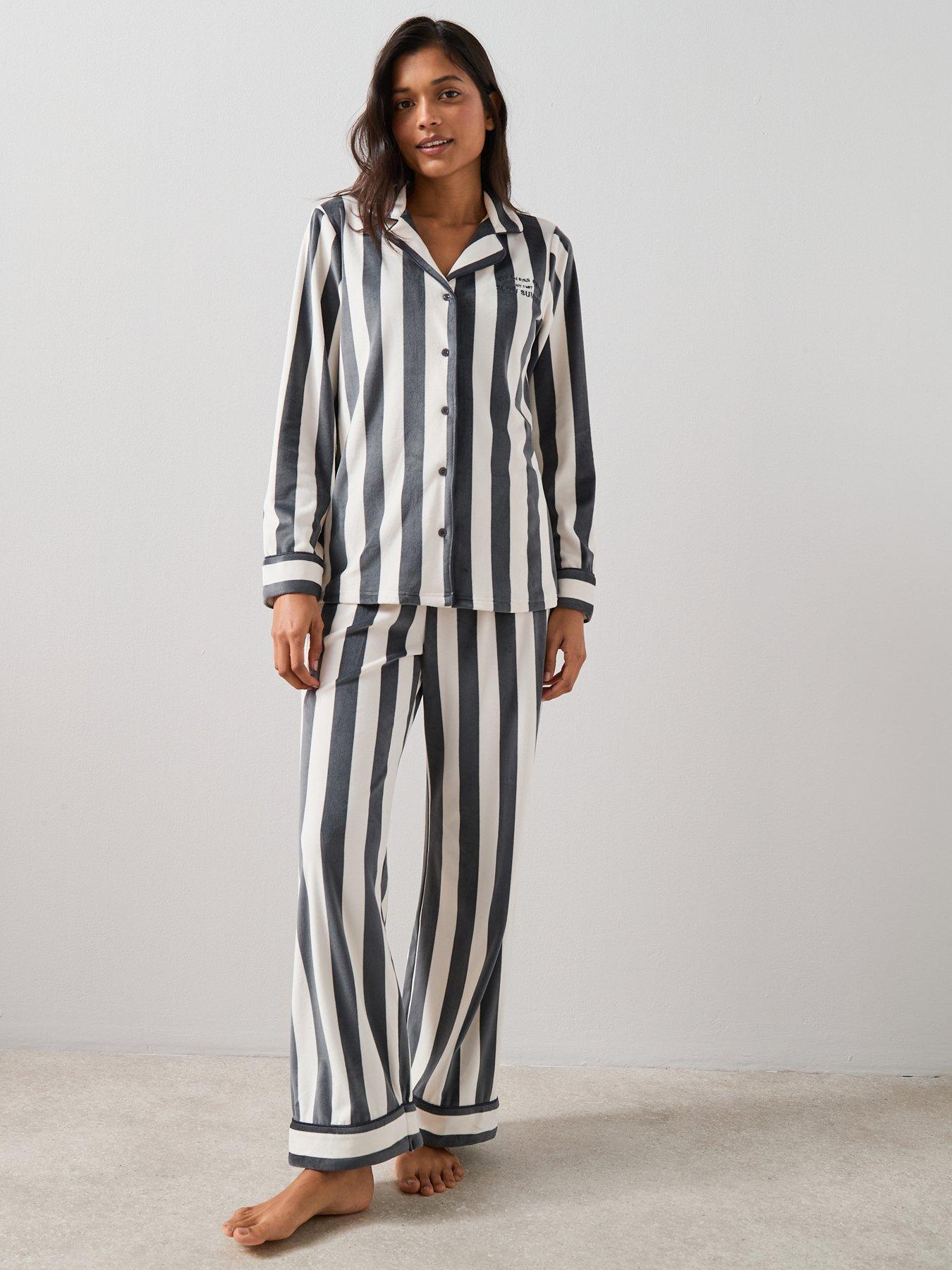 The Very Collection Stripe Fleece Revere Pyjama Set - Grey