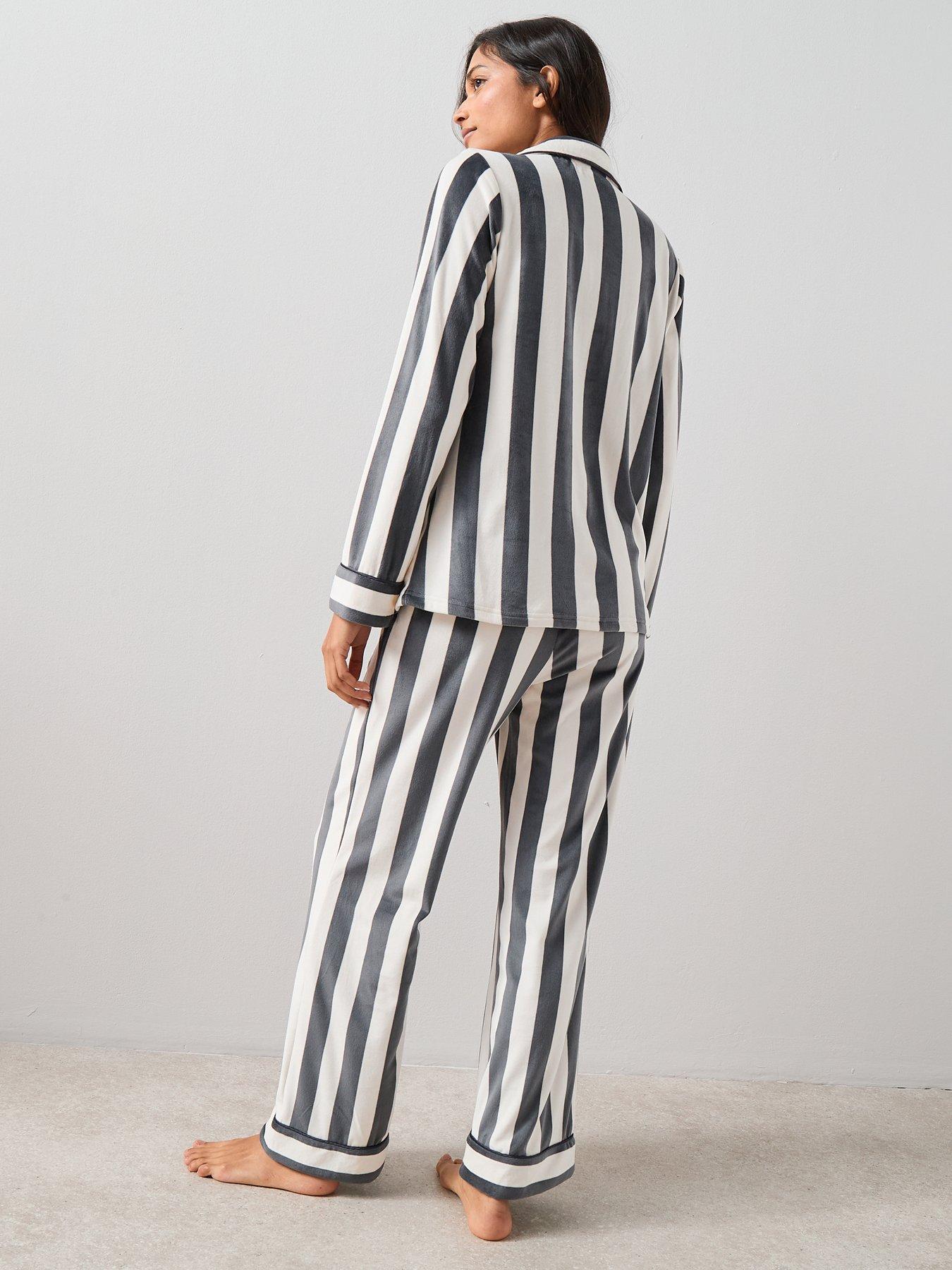 The Very Collection Stripe Fleece Revere Pyjama Set - Grey | Very