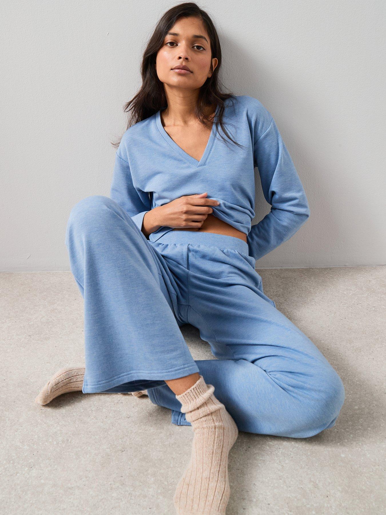 The Very Collection V Neck Long Sleeve Top And Wide Leg Loungewear Set - Blue