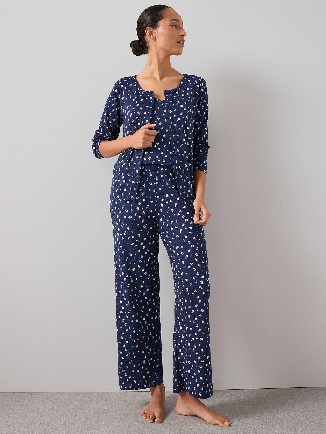 The Very Collection 3 Piece Ditsy Floral Jersey Long Sleeve Top, Cardigan And Wide Leg Pj Set - Black