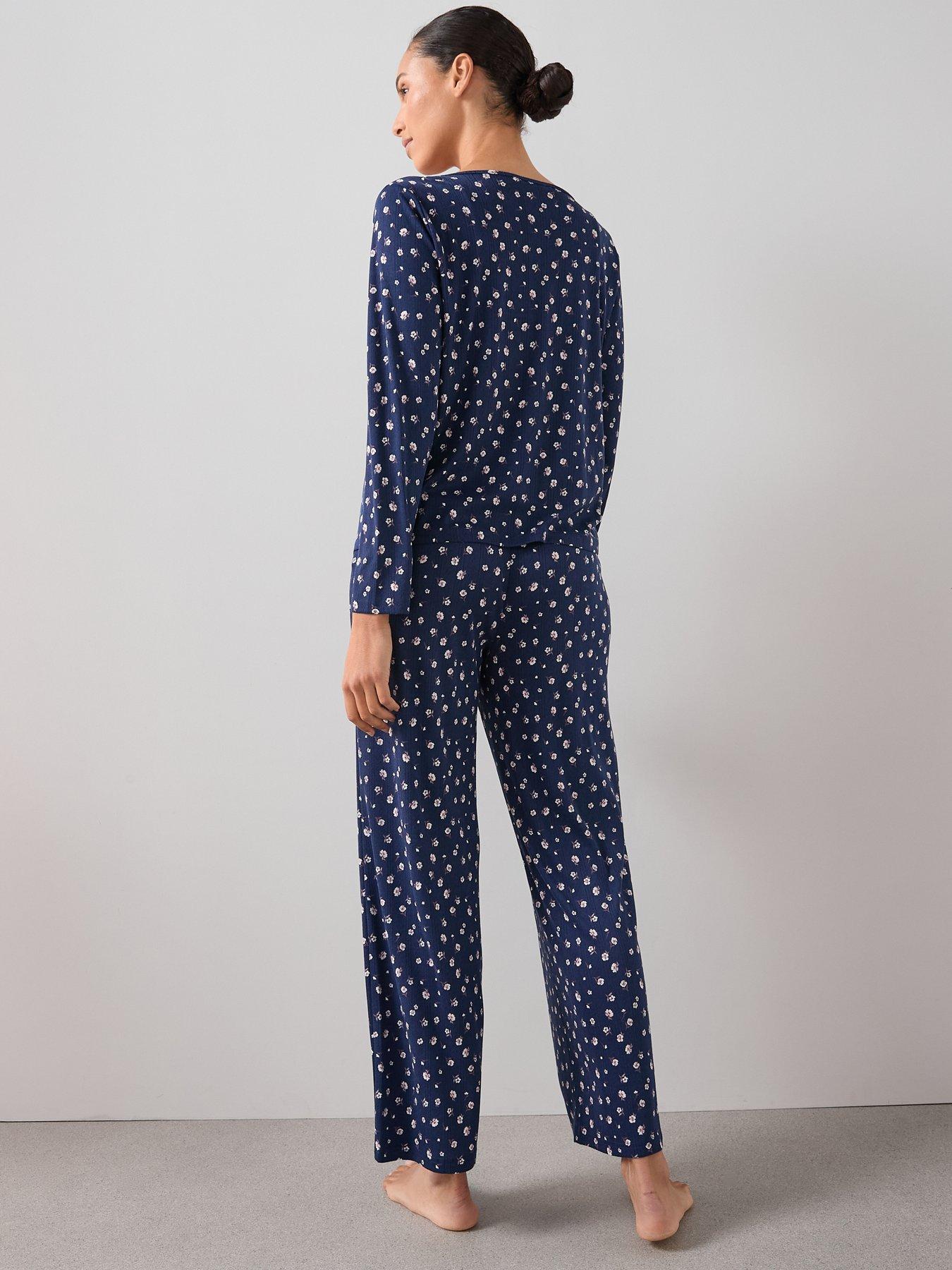 Image 2 of 6 of The Very Collection 3 Piece Ditsy Floral Jersey Long Sleeve Top, Cardigan And Wide Leg Pyjama Set - Blue