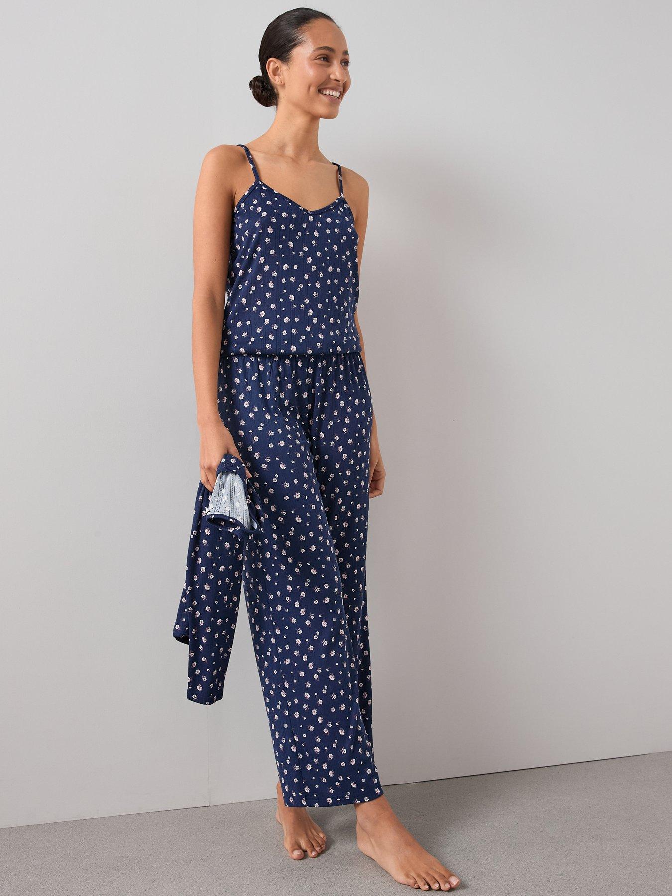 Image 3 of 6 of The Very Collection 3 Piece Ditsy Floral Jersey Long Sleeve Top, Cardigan And Wide Leg Pyjama Set - Blue