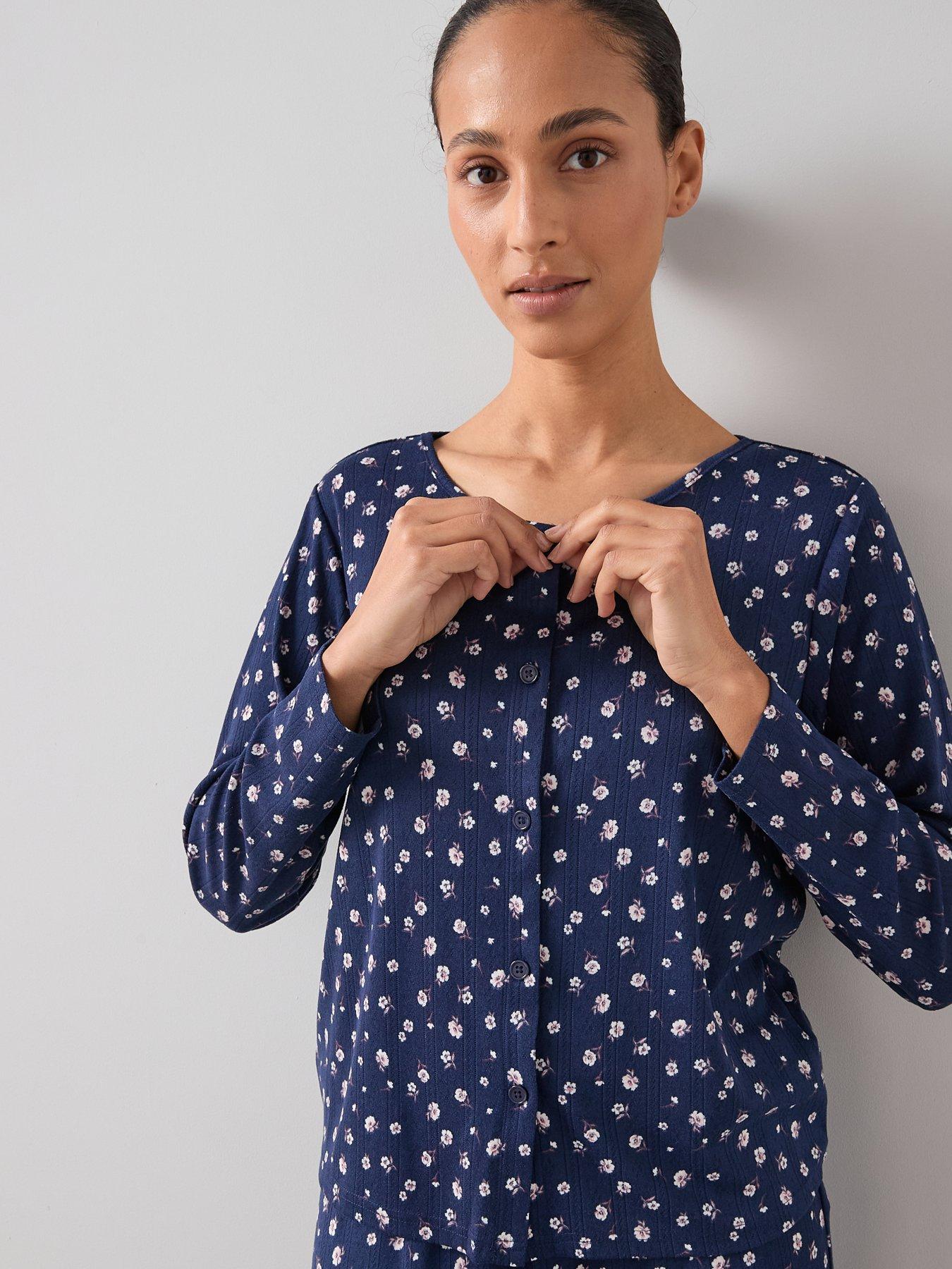 Image 4 of 6 of The Very Collection 3 Piece Ditsy Floral Jersey Long Sleeve Top, Cardigan And Wide Leg Pyjama Set - Blue
