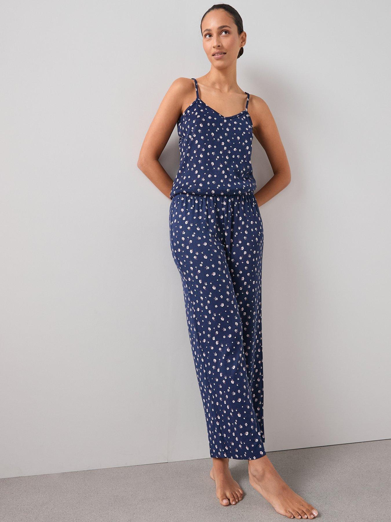 Image 5 of 6 of The Very Collection 3 Piece Ditsy Floral Jersey Long Sleeve Top, Cardigan And Wide Leg Pyjama Set - Blue