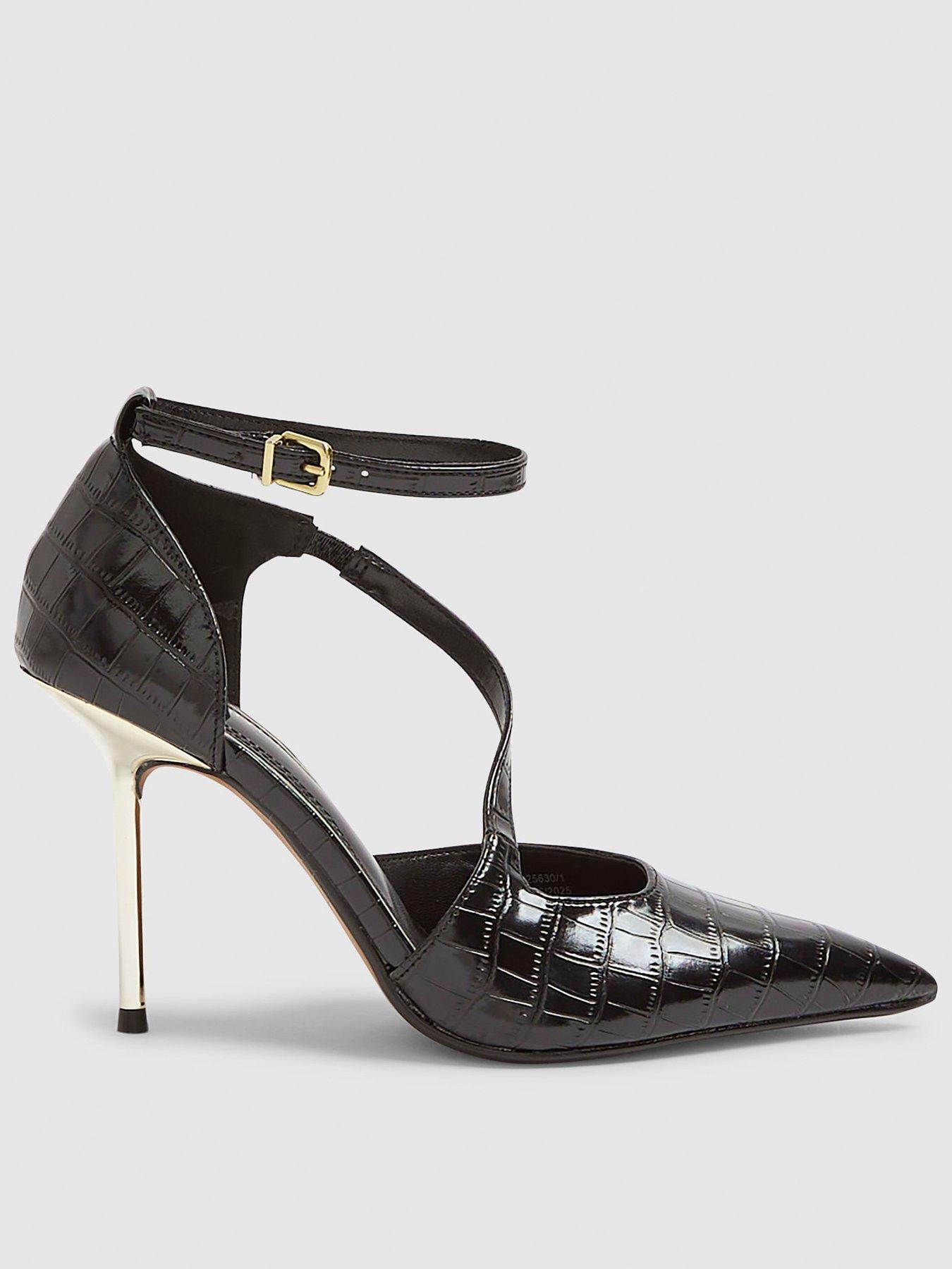 Image 2 of 6 of River Island Croc Asymmetrical Strap Metal Heel - Black